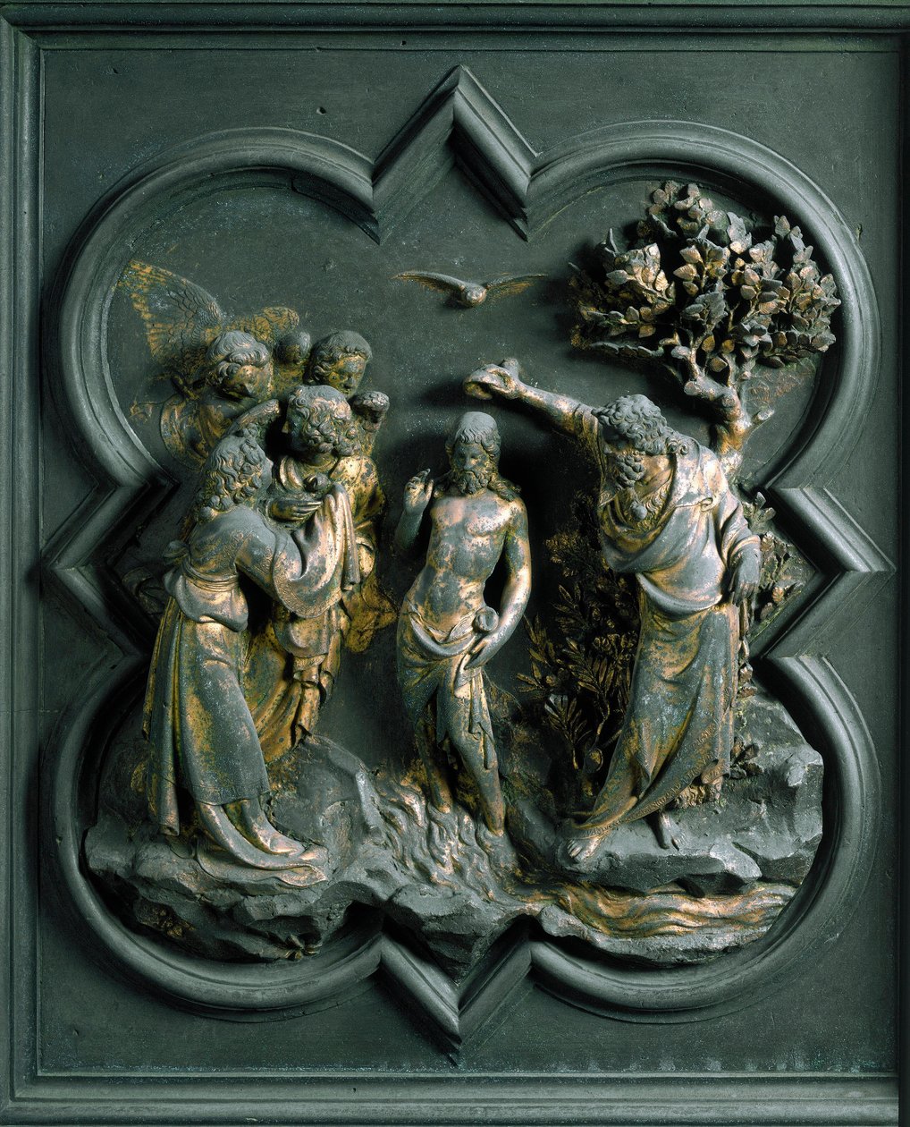 Porte Nord (appelée Porte de la Croix, au Nord), détail extérieur : « Le baptême du Christ » Sculpture en bronze réalisée par Lorenzo Ghiberti (1378-1455) - Lorenzo Ghiberti