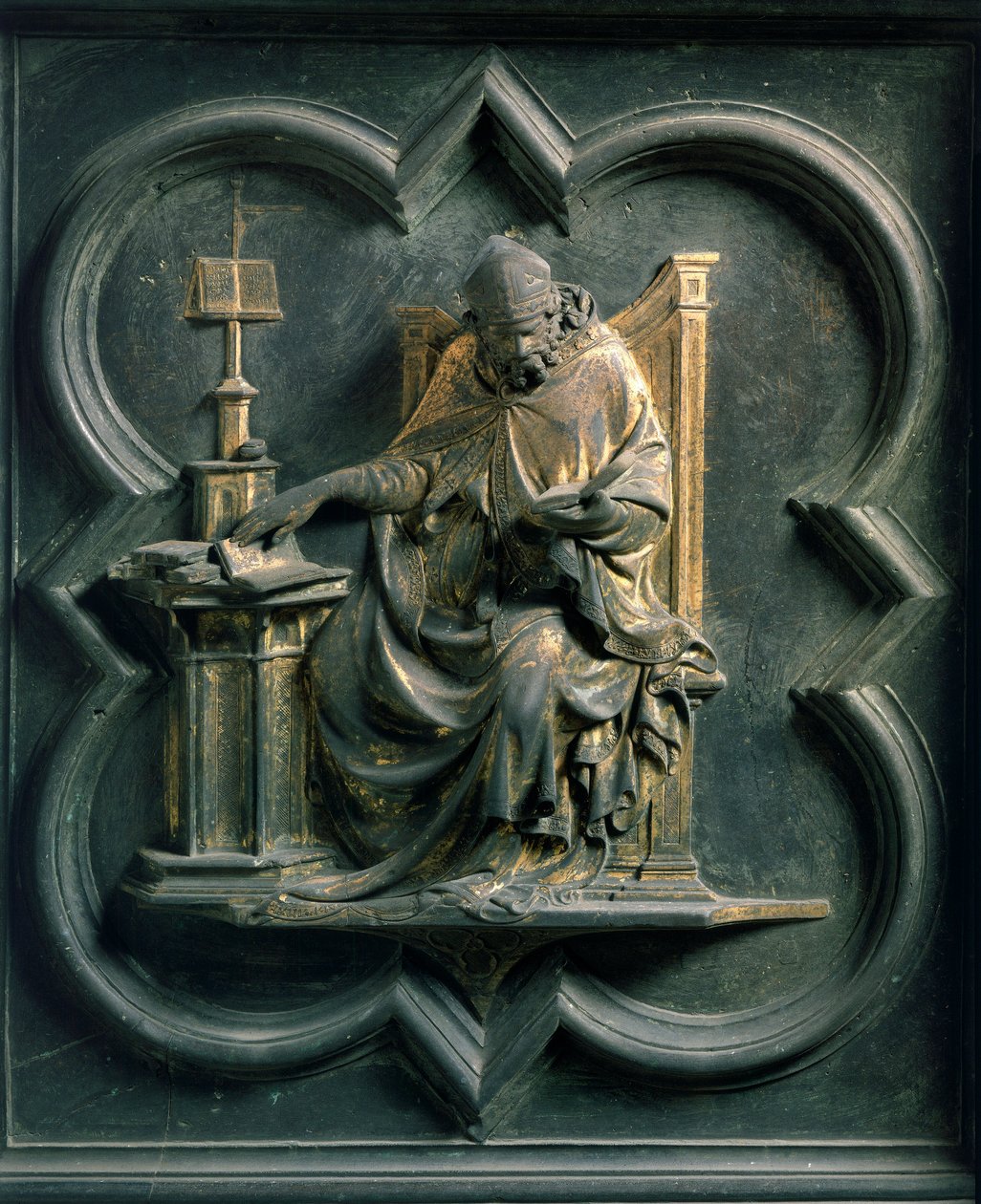 Porte Nord (appelée Porte de la Croix, nord), détail extérieur : Saint Ambroise. Sculpture en bronze réalisée par Lorenzo Ghiberti (1378-1455) - Lorenzo Ghiberti