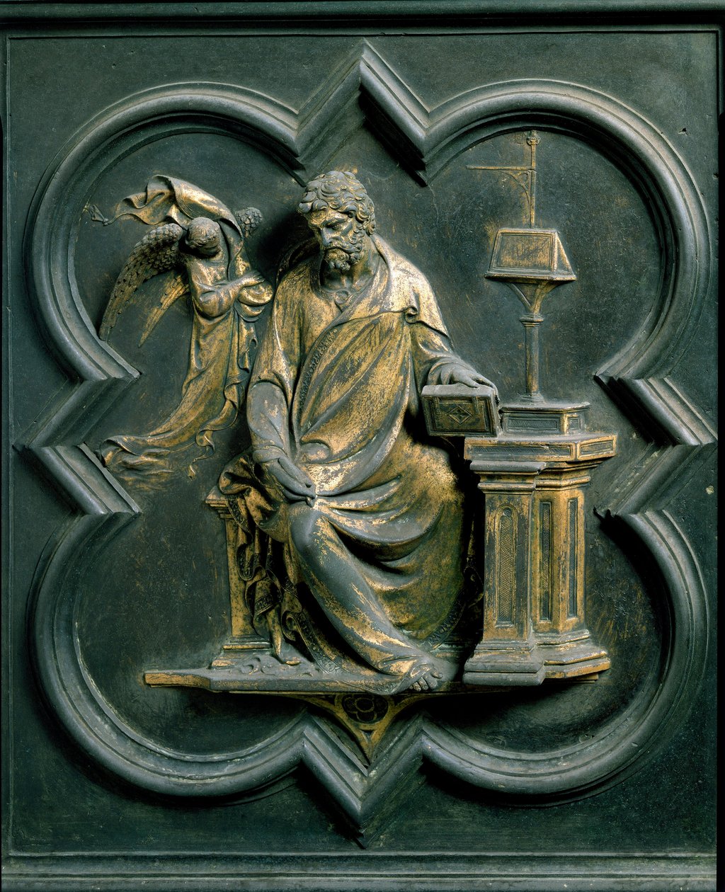 Porte Nord (appelée Porte de la Croix, au Nord), détail extérieur : Saint Mathieu. Sculpture en bronze réalisée par Lorenzo Ghiberti (1378-1455) - Lorenzo Ghiberti