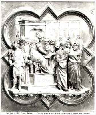Ponce Pilate se lavant les mains, relief des portes du baptistère, vers 1403 (bronze doré) - Lorenzo Ghiberti