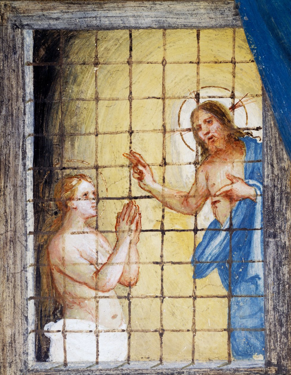 Christ visitant Sainte Barbe en prison et la guérissant, détail des Histoires de Sainte Barbe - Lorenzo Lotto