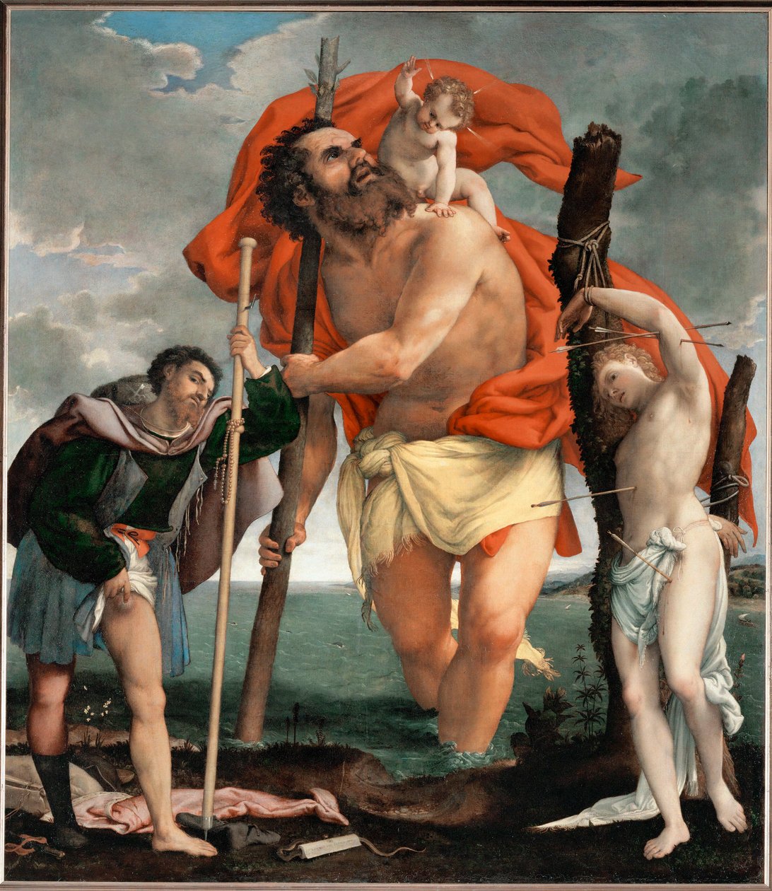 Saint Christophe entre les saints Rochus et Saint Sébastien (peinture) - Lorenzo Lotto