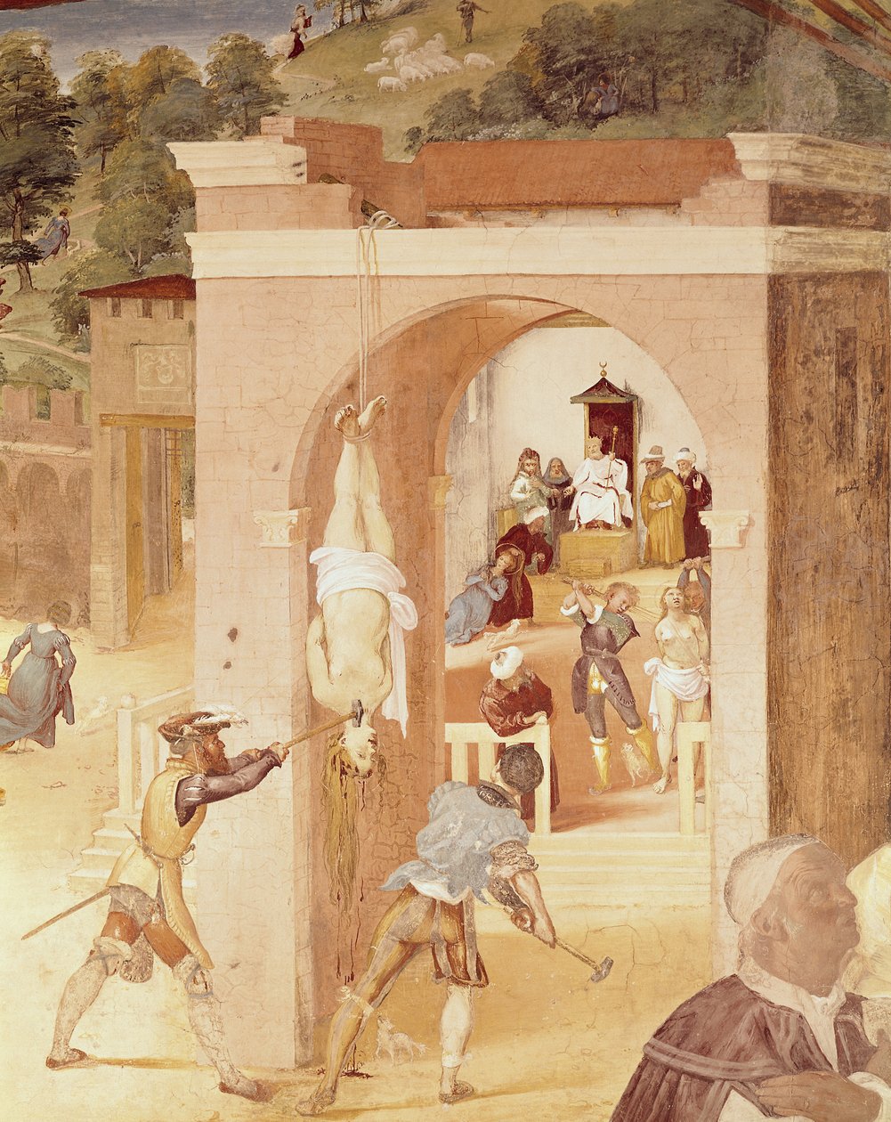 Scènes de la vie de Sainte Barbe, détail de Sainte Barbe remise au préteur romain Marcian, puis torturée, 1523-24 - Lorenzo Lotto