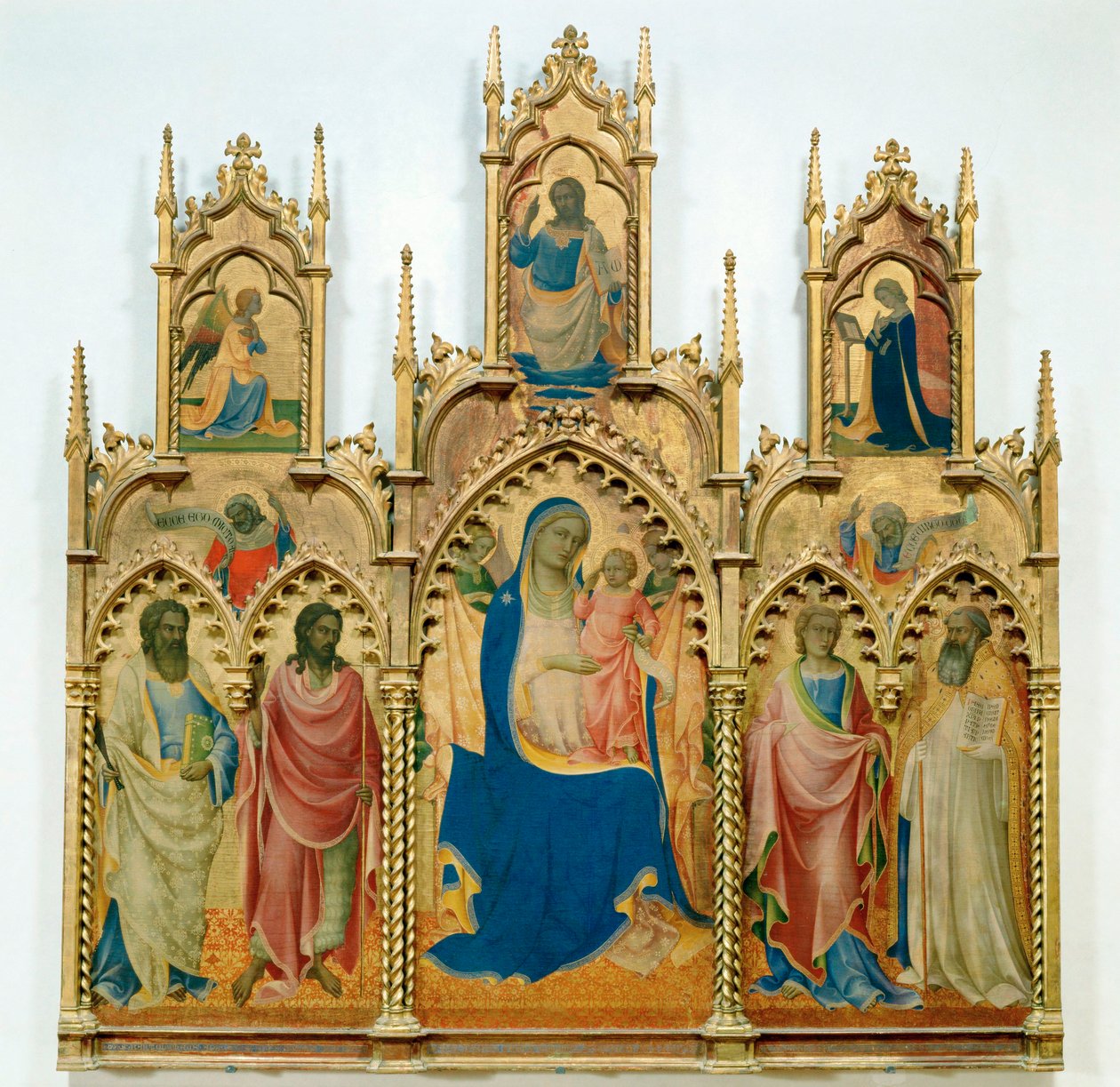 Vierge et enfant Jésus, saints ; en haut : Annonciation (tempera sur bois) - Lorenzo Monaco
