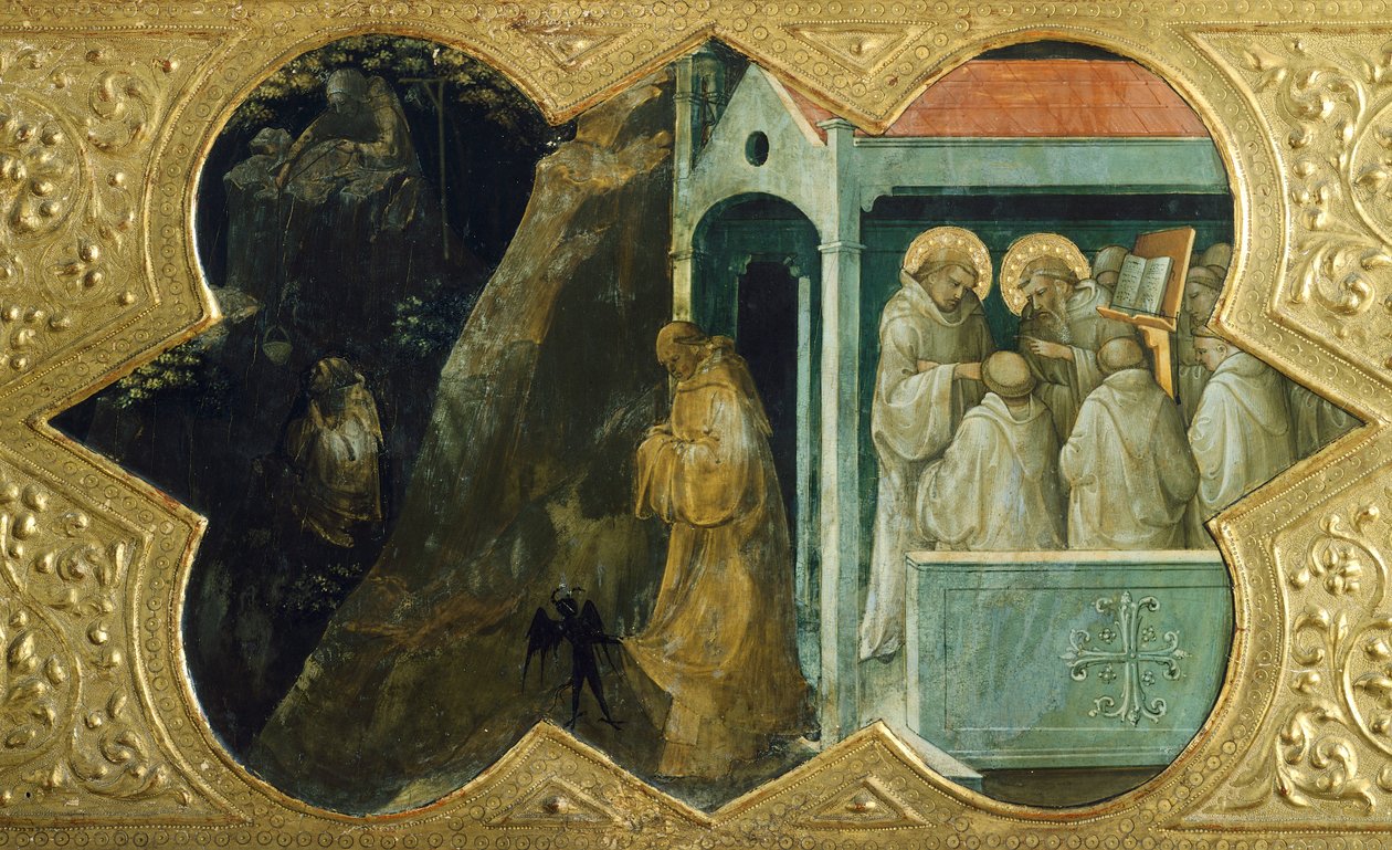 Saint Benoît tenté par le diable et Saint Bernardin en consistoire, détail de la prédelle du Couronnement de la Vierge - Lorenzo Monaco