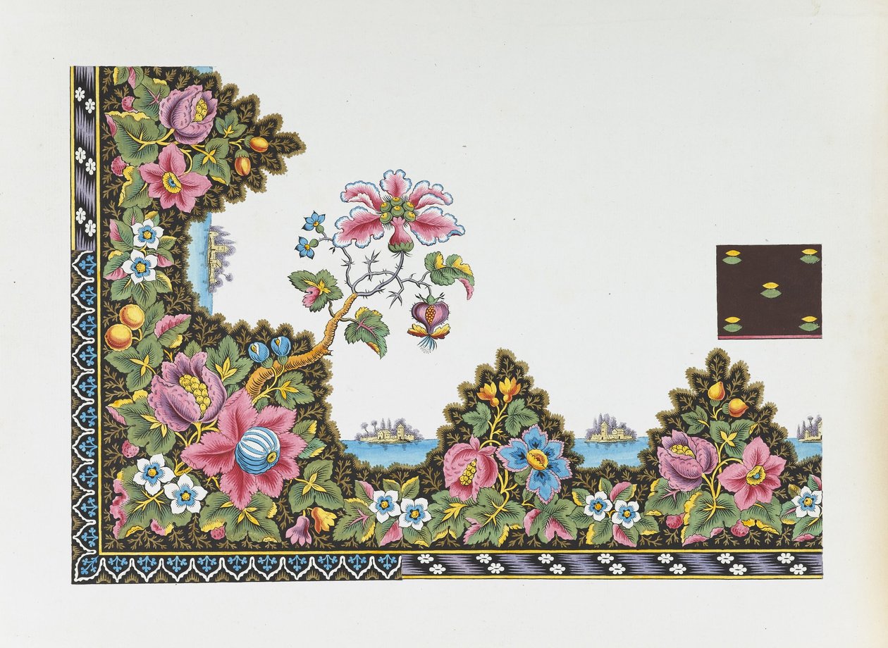 Design pour un textile imprimé - Bordure florale avec îles sur un lac - Louis Albert DuBois