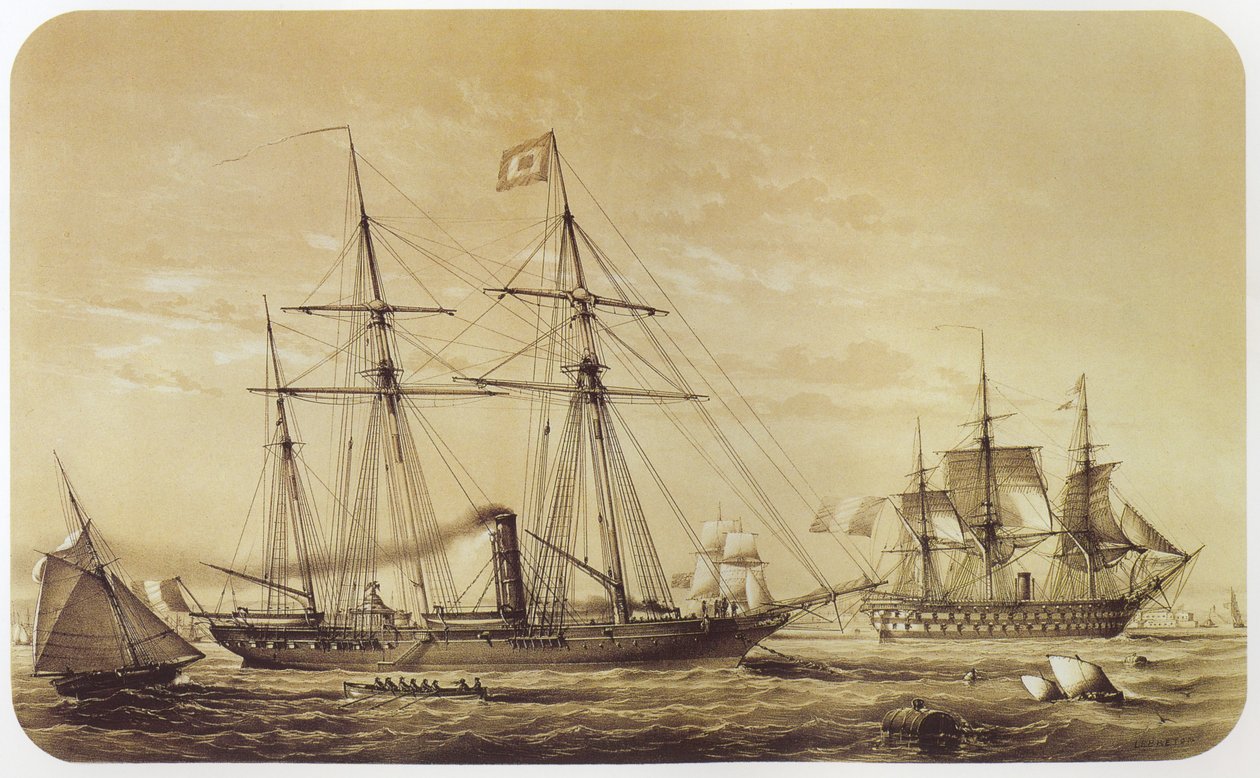 Le Reine Hortense, yacht impérial de Napoléon III. Le navire de ligne Austerlitz est visible en arrière-plan - Louis Le Breton