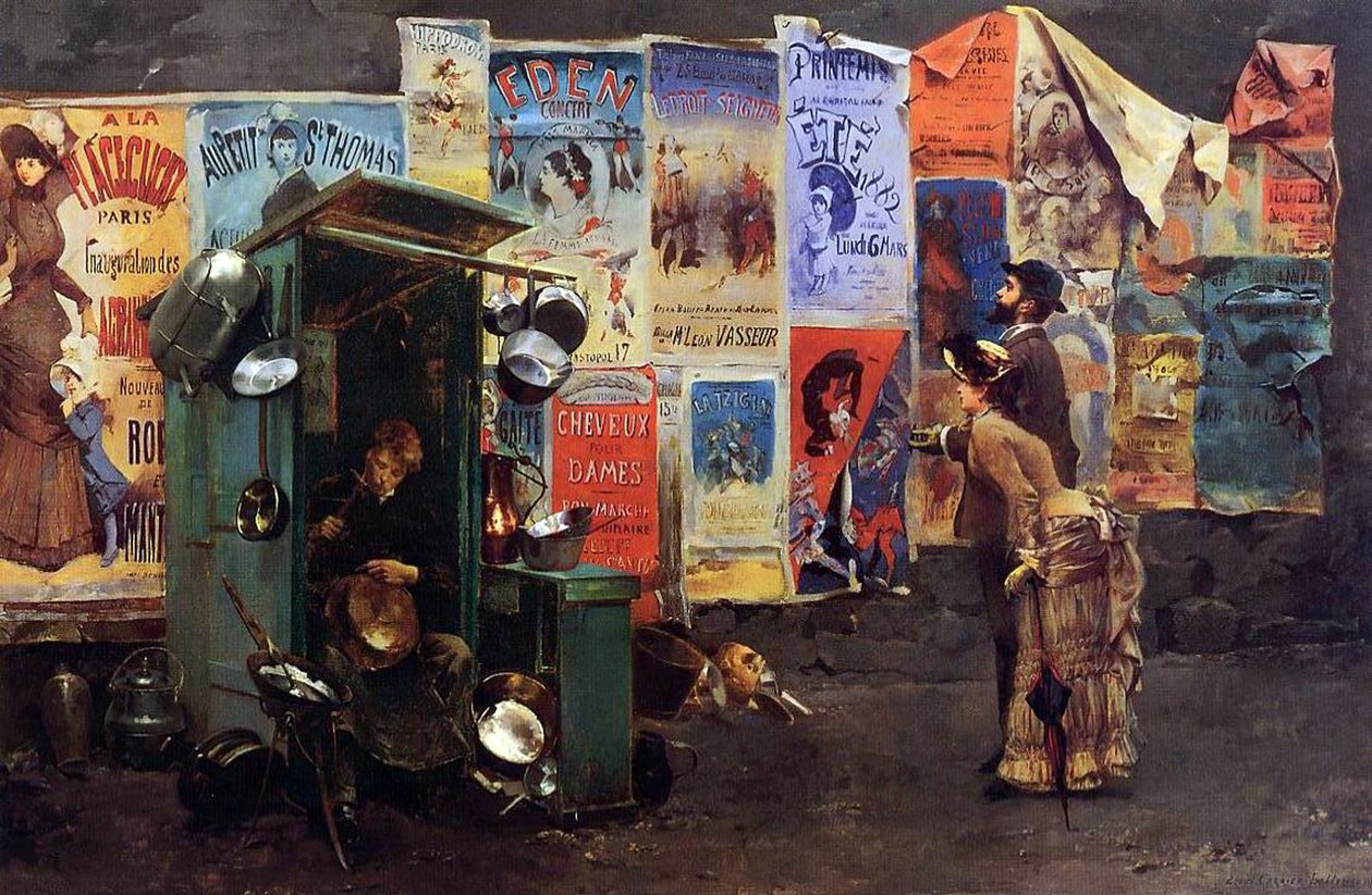 Affiches sur un mur et un homme réparant des pots en métal, 1882 - Louis Robert Carrier Belleuse