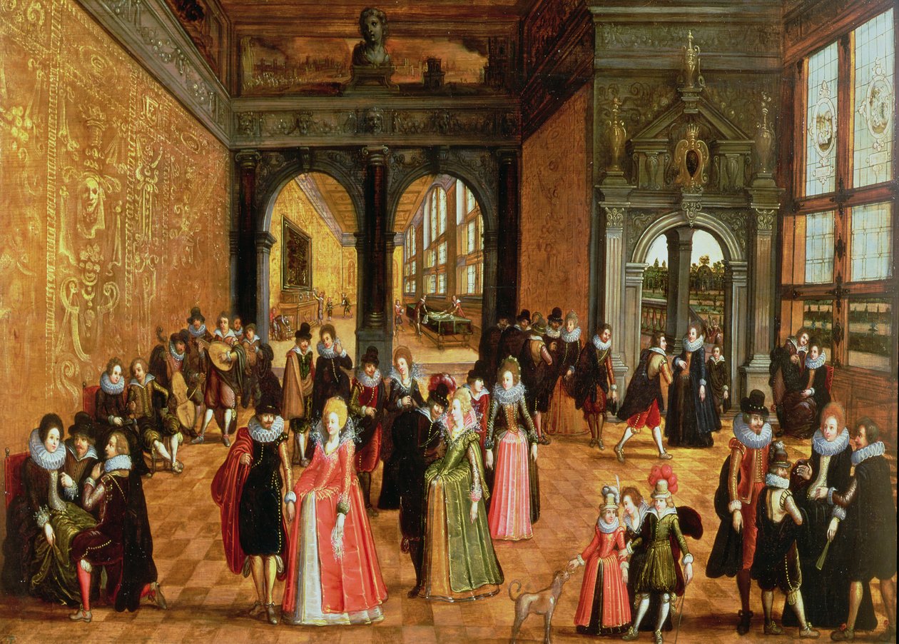 Intérieur de palais avec dames et messieurs dansant et jouant de la musique - Louis de Caullery