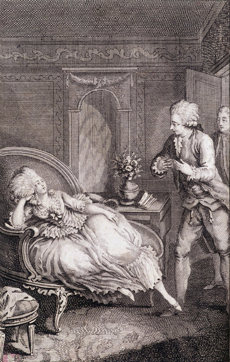 Gentilhomme déclarant son amour à une dame languissante sur une bergère - dans « Les françaises ou 34 exemples choisis dans les mœurs actuelles propres à conduire les filles, épouses, mères » par Restif de La Bretonne (1734-1806), ill. par Binet, Neufchâte - Louis (after) Binet