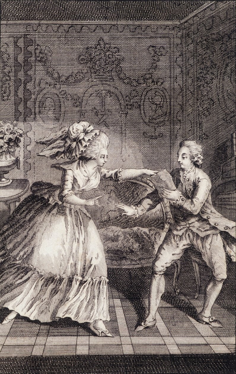 Le billet doux subtilisé (libertinage) - dans "Les françaises ou 34 exemples choisis dans les mœurs actuelles propres à conduire filles, femmes, épouses, mères" par Restif de La Bretonne (1734-1806), ill. par Binet, Neufchâtel - Louis (after) Binet