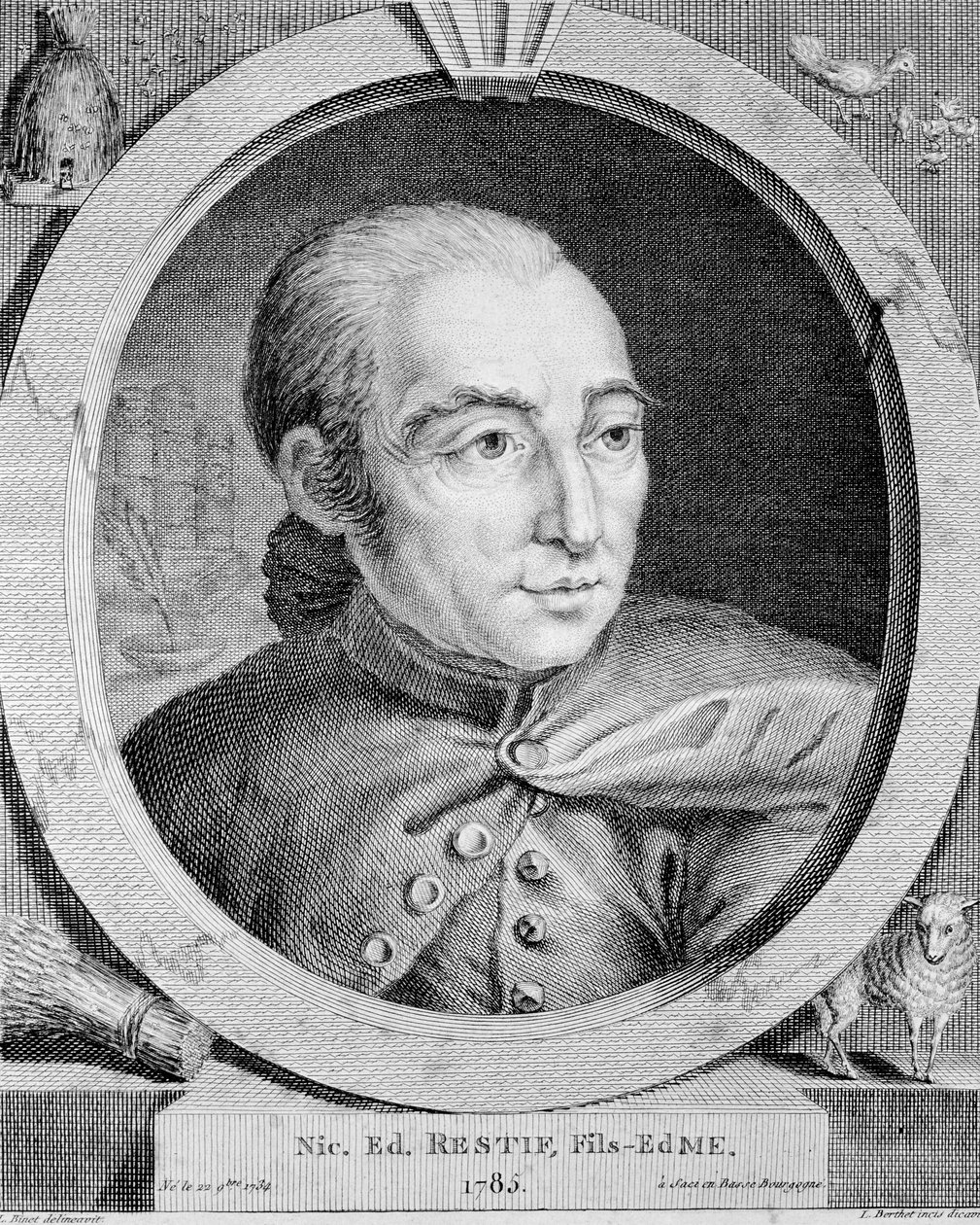 Portrait de Nicolas Edme Restif de La Bretonne (1734-1806) - par Binet, gravure - Louis (after) Binet