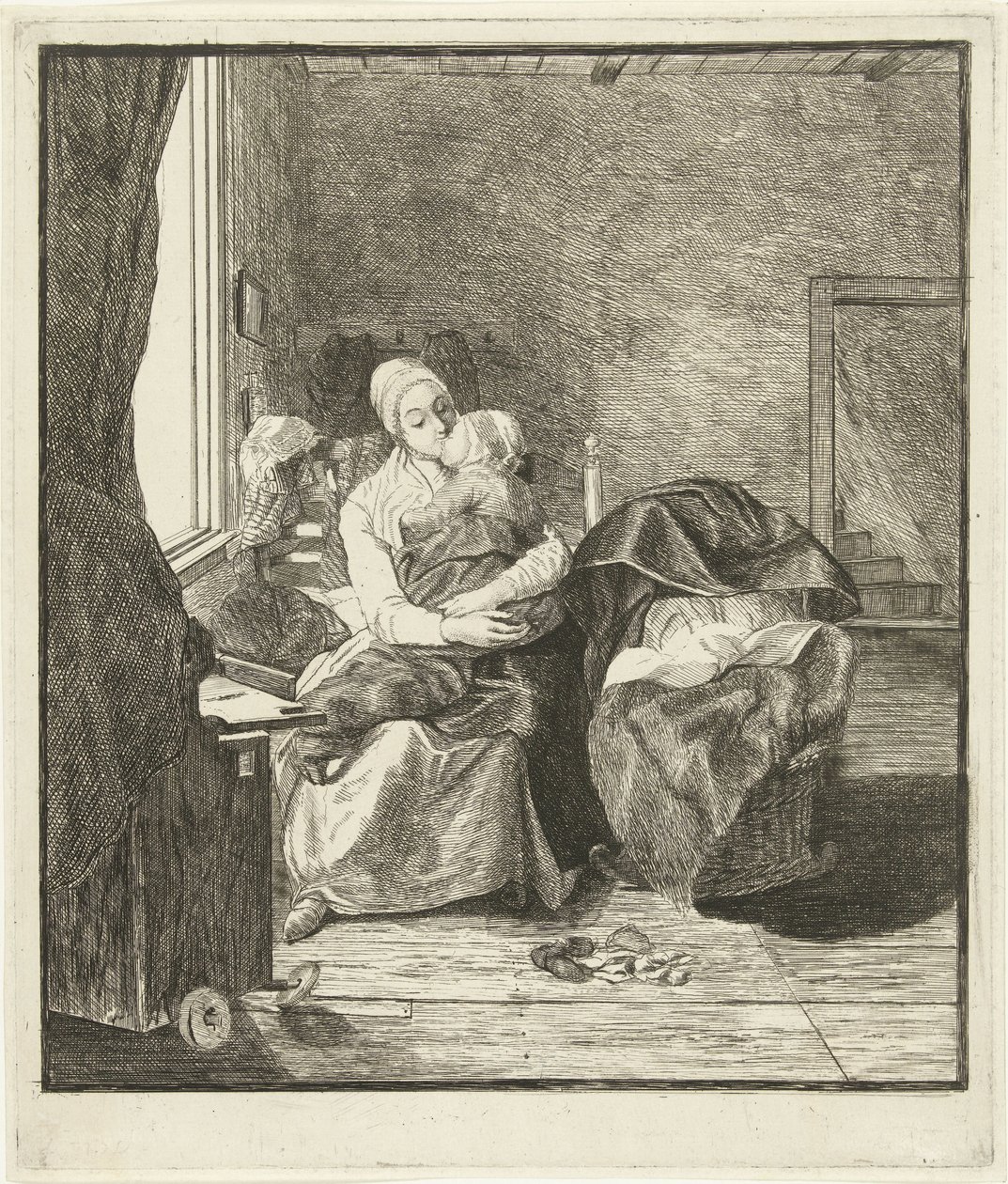 Mère avec enfant endormi à la fenêtre - Louis Bernard Coclers