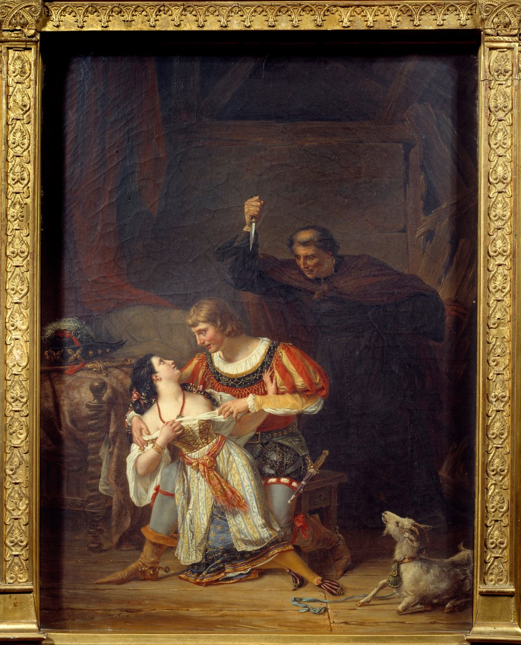 Archidiacre Frollo et Esmeralda. Phoebus et Esmeralda enlacés, derrière Phoebus, Claude Frollo apparaît avec un poignard pour tuer son rival dans le cœur de la gitane. Illustration de Notre-Dame de Paris de Victor Hugo. Peinture d