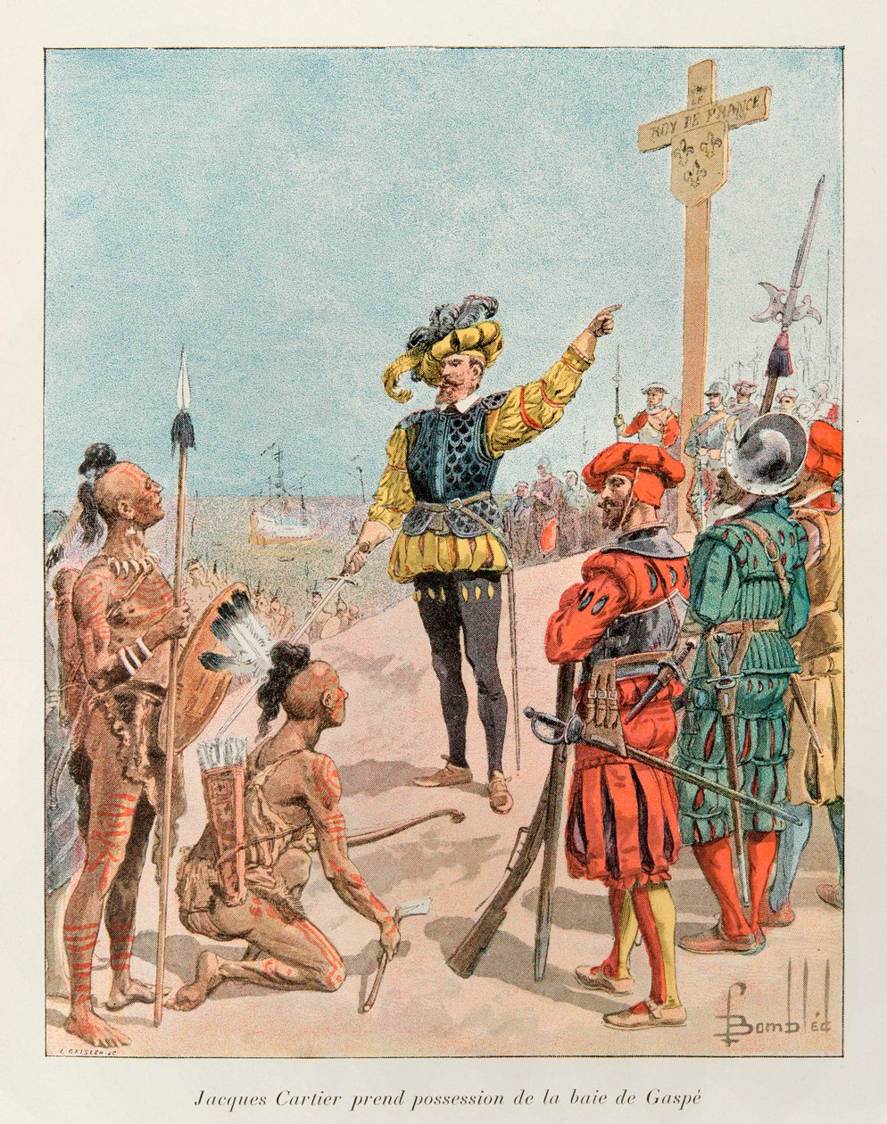 Jacques Cartier (1491 - 1557) a pris possession de la baie de Gaspé au Canada au nom du roi de France, François 1er en 1534 (Cartier pointe les armoiries de la France sur la croix qu