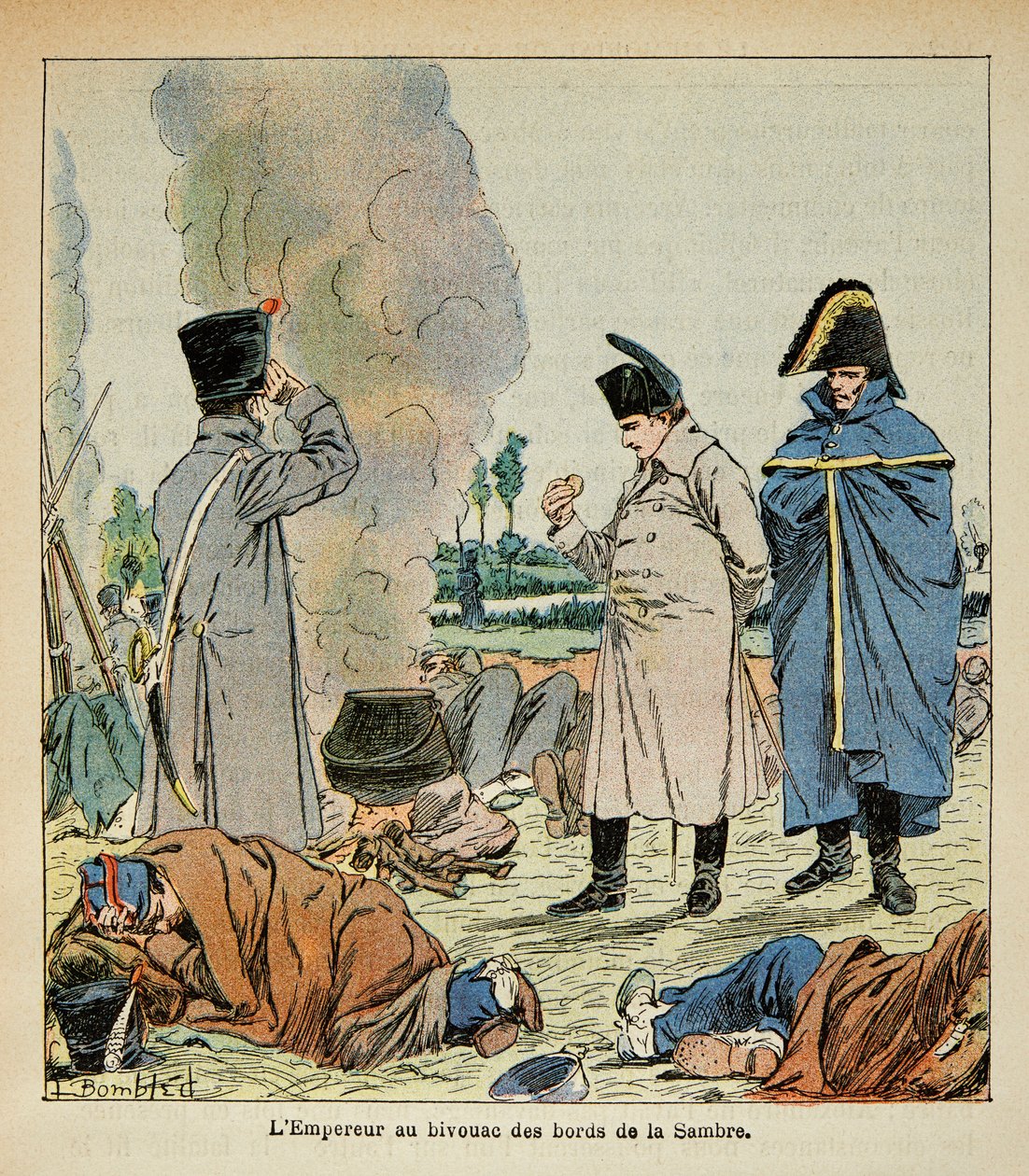 Illustration par Louis Bombled (1862-1927) tirée du livre « Le Mémorial de Sainte-Hélène » par le comte Emmanuel de Las Cases (1766-1842) : Napoléon pendant un bivouac mange le pain des soldats, Collection privée - Louis Charles Bombled