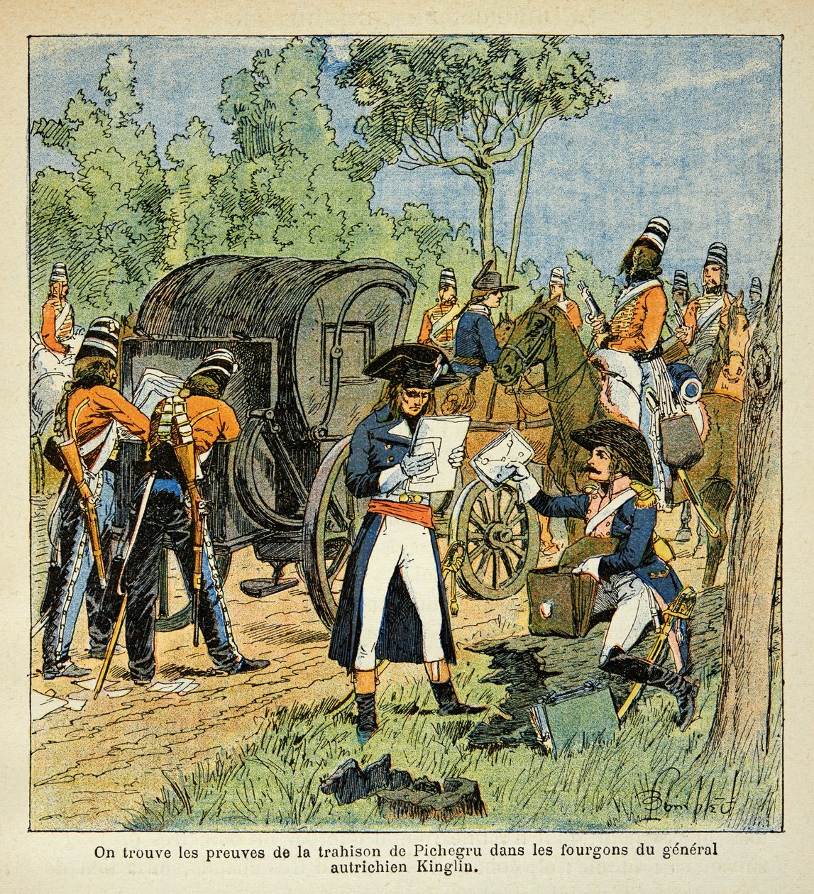 Illustration par Louis Bombled (1862-1927) tirée du livre « Le Mémorial de Sainte-Hélène » par le comte Emmanuel de Las Cases (1766-1842) : Pendant le passage du Rhin, Moreau découvre la correspondance entre Pichegru et le prince de Condé dans les fourgons - Louis Charles Bombled