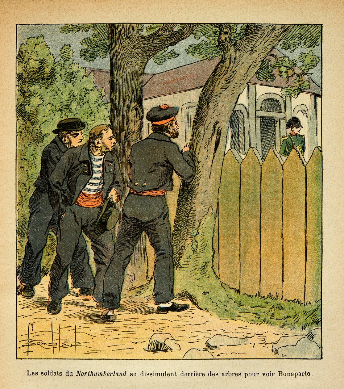 Illustration de Louis Bombled (1862-1927) du livre « Le Mémorial de Sainte-Hélène » du comte Emmanuel de Las Cases (1766-1842) : À Sainte-Hélène, les marins du Northumberland se cachent pour voir l