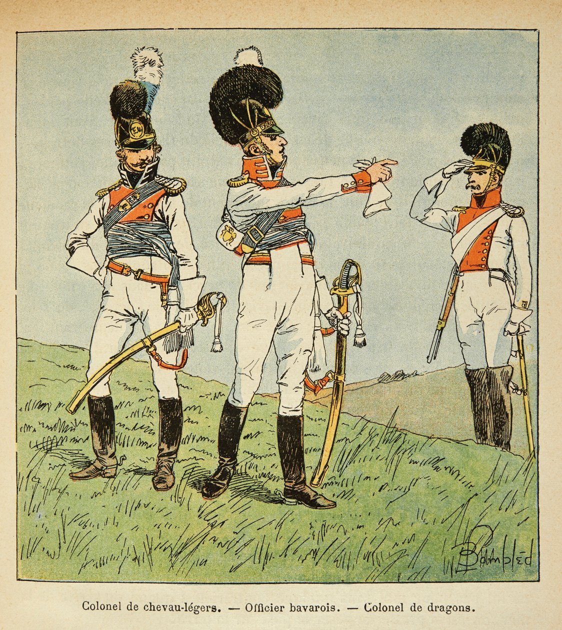 Illustration de Louis Bombled (1862-1927) du livre « Le Mémorial de Sainte-Hélène » du comte Emmanuel de Las Cases (1766-1842) : Militaire bavarois : Colonel de chevaux légers ; Officier bavarois ; Colonel de dragons - Louis Charles Bombled