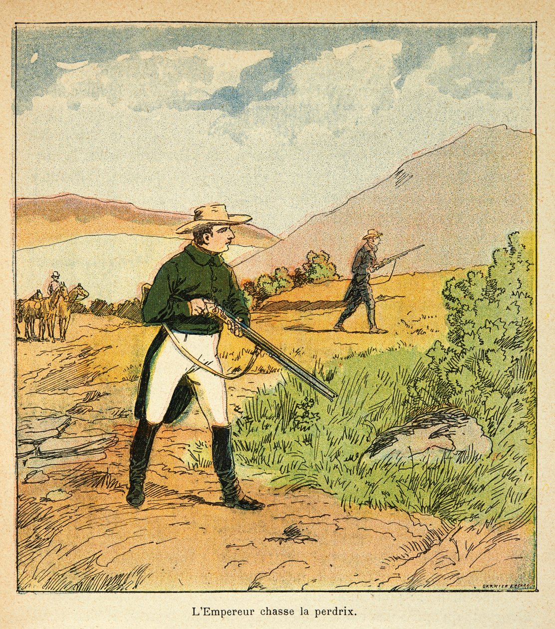 Illustration de Bombled Louis (1862-1927) du livre « Le Mémorial de Sainte-Hélène » par le comte Emmanuel de Las Cases (1766-1842) : Napoléon chassant avec Las Cases à Sainte-Hélène en août 1816, Collection privée - Louis Charles Bombled