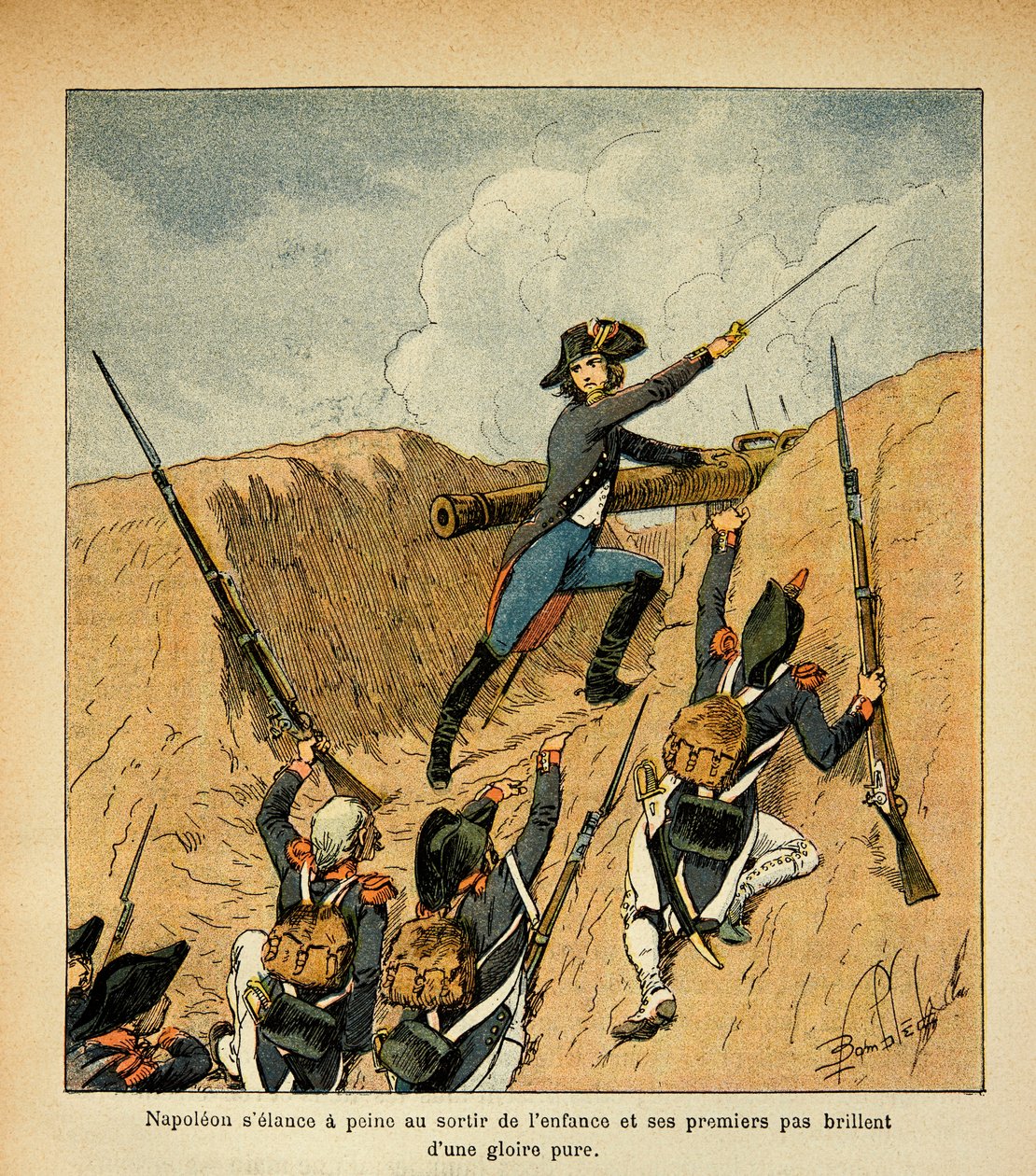Illustration de Louis Bombled (1862-1927) du livre « Le Mémorial de Sainte-Hélène » par le comte Emmanuel de Las Cases (1766-1842) : Bonaparte charge à la tête de ses troupes, Collection Privée - Louis Charles Bombled