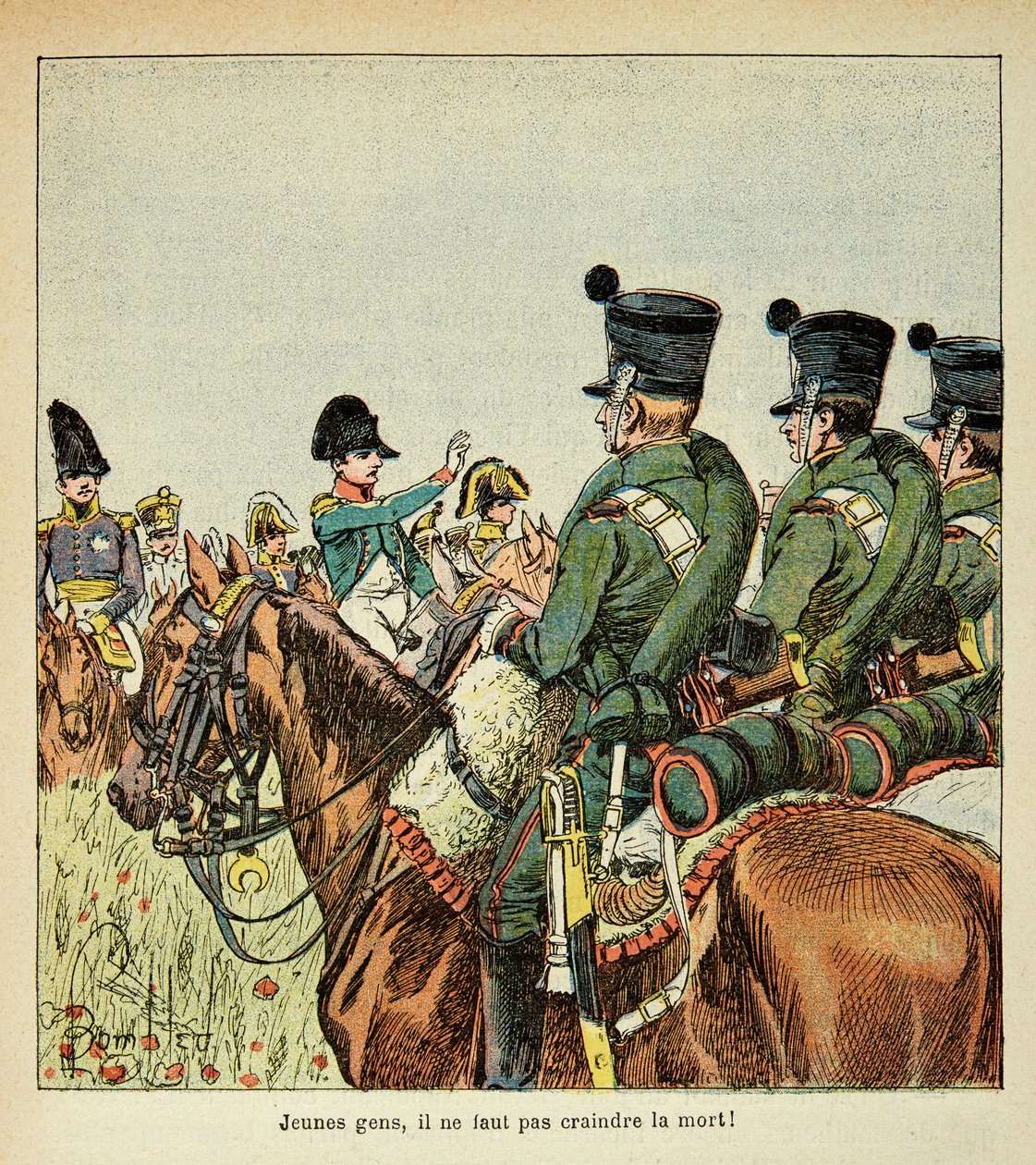 Illustration de Louis Bombled (1862-1927) du livre « Le Mémorial de Sainte-Hélène » par le comte Emmanuel de Las Cases (1766-1842) : Napoléon harangue les troupes, Collection Privée - Louis Charles Bombled