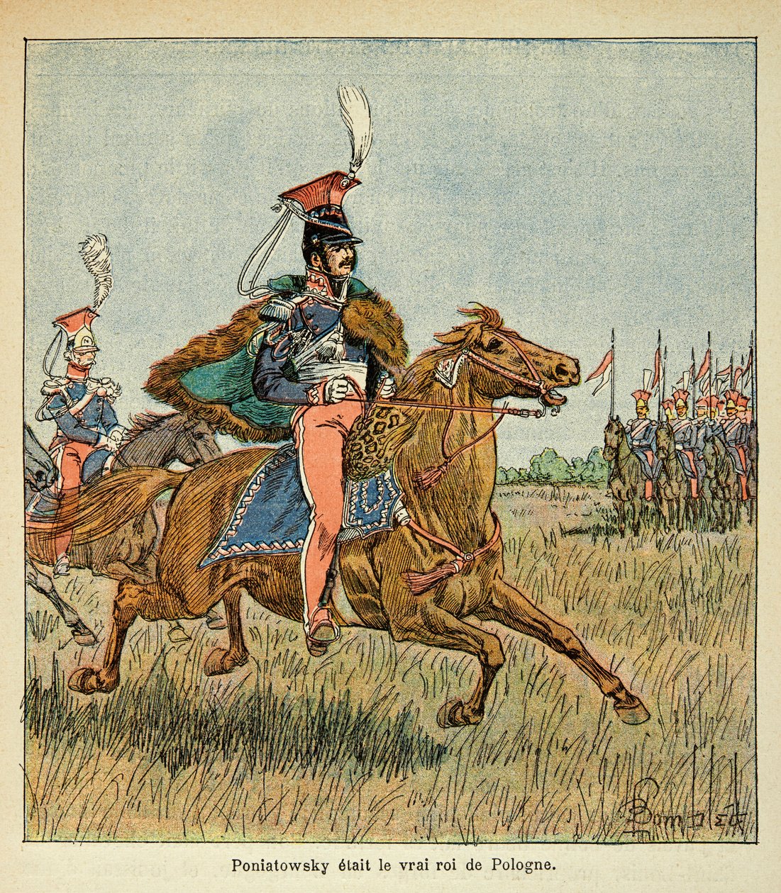 Illustration de Louis Bombled (1862-1927) du livre « Le Mémorial de Sainte-Hélène » par le comte Emmanuel de Las Cases (1766-1842) : Le maréchal Jozef Antoni Poniatowski (1763-1813) devant ses troupes, Collection Privée - Louis Charles Bombled