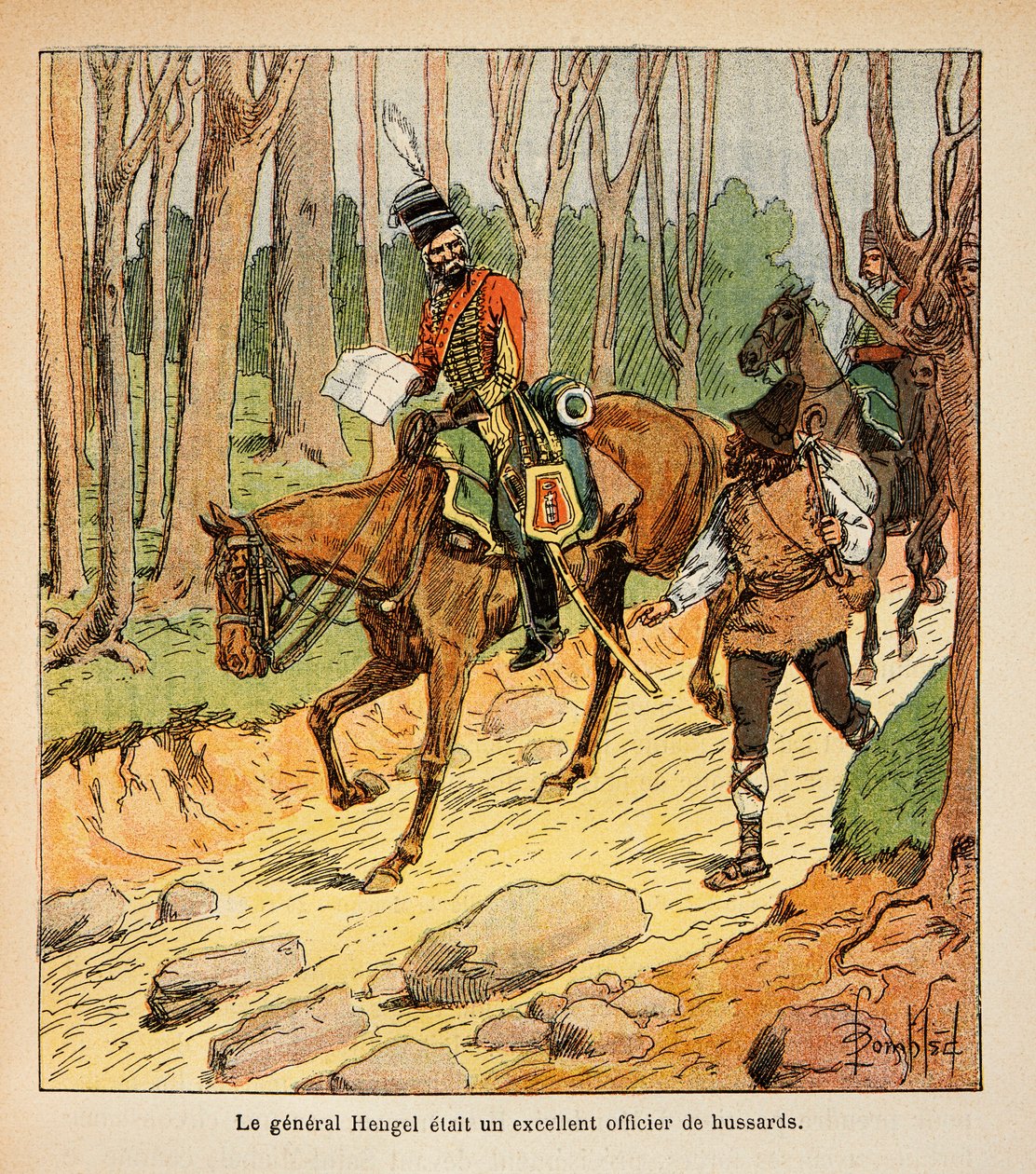 Illustration par Louis Bombled (1862-1927) tirée du livre « Le Mémorial de Sainte-Hélène » par le comte Emmanuel de Las Cases (1766-1842) : Général Hengel, officier de hussards pendant la campagne d