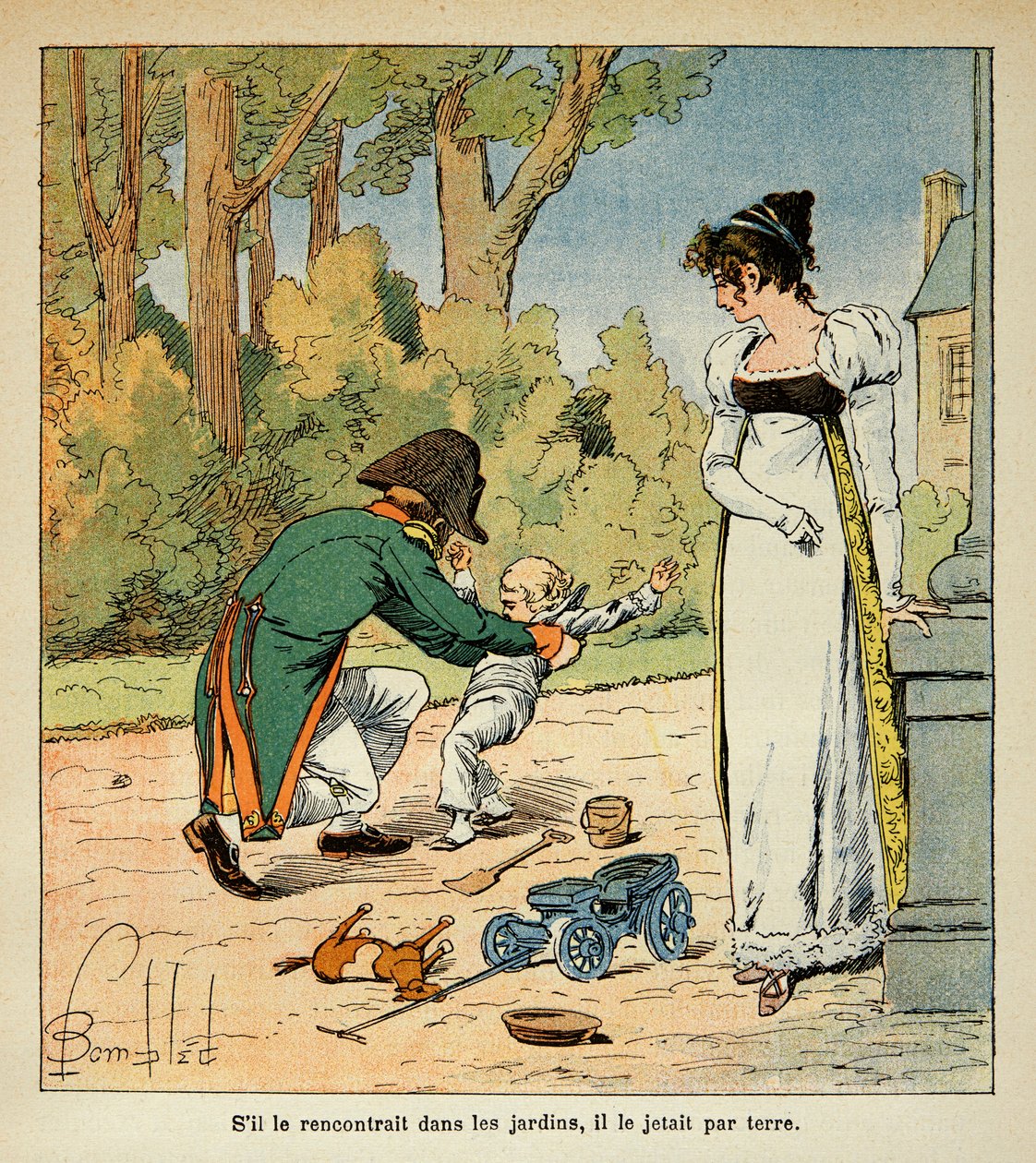 Illustration par Louis Bombled (1862-1927) tirée du livre « Le Mémorial de Sainte-Hélène » par le comte Emmanuel de Las Cases (1766-1842) : Napoléon jouant avec son fils en présence de Marie-Louise, Collection privée - Louis Charles Bombled