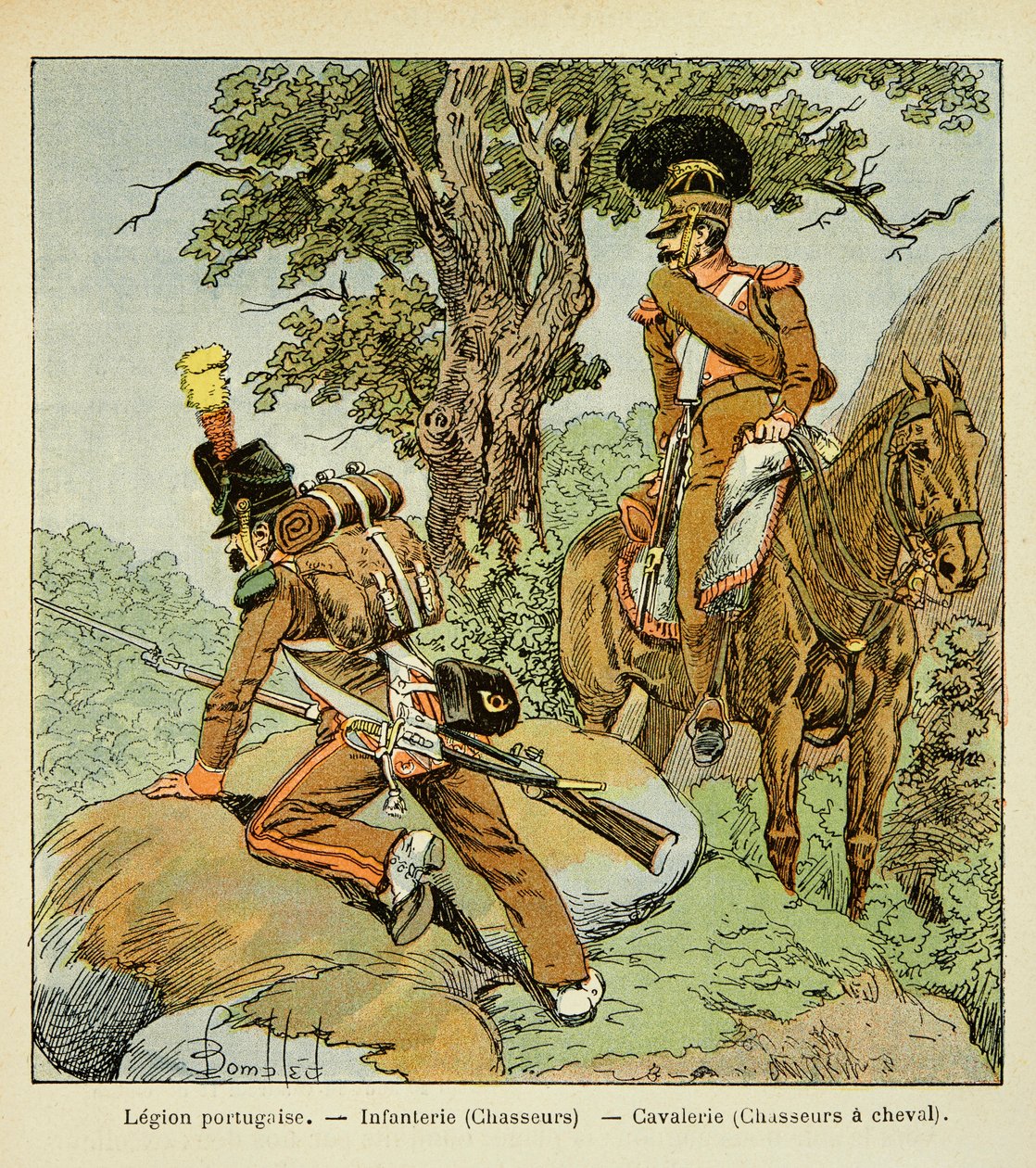 Illustration de Louis Bombled (1862-1927) du livre « Le Mémorial de Sainte-Hélène » par le comte Emmanuel de Las Cases (1766-1842) : Légion portugaise : Infanterie (chasseurs) et cavalerie (chasseurs à cheval), Collection Privée - Louis Charles Bombled
