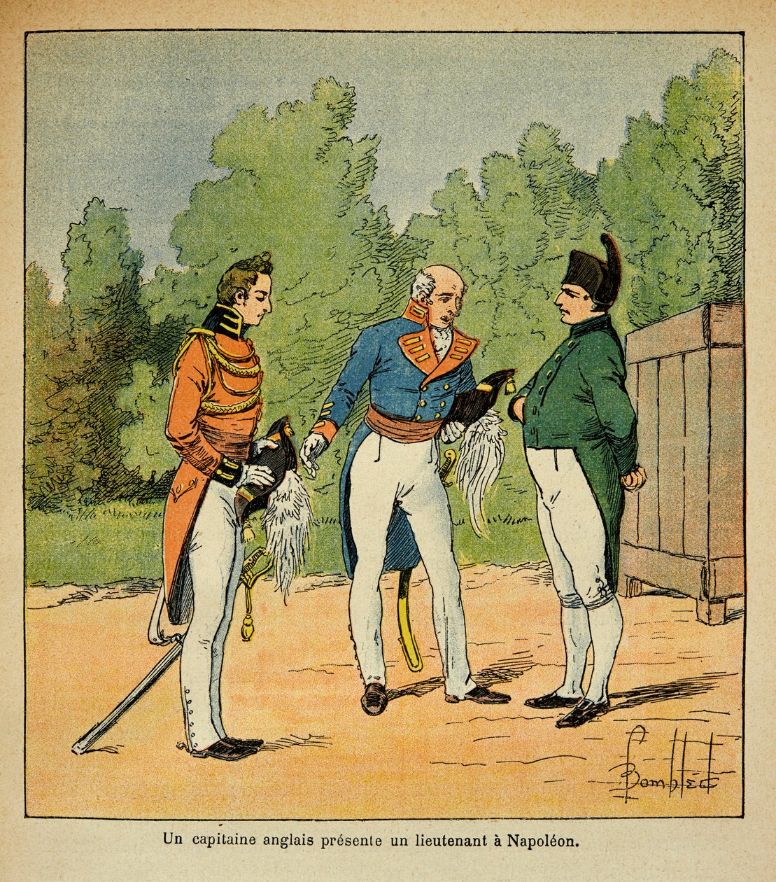 Illustration de Louis Bombled (1862-1927) du livre « Le Mémorial de Sainte-Hélène » par le comte Emmanuel de Las Cases (1766-1842) : À Sainte-Hélène, un capitaine anglais présente à l