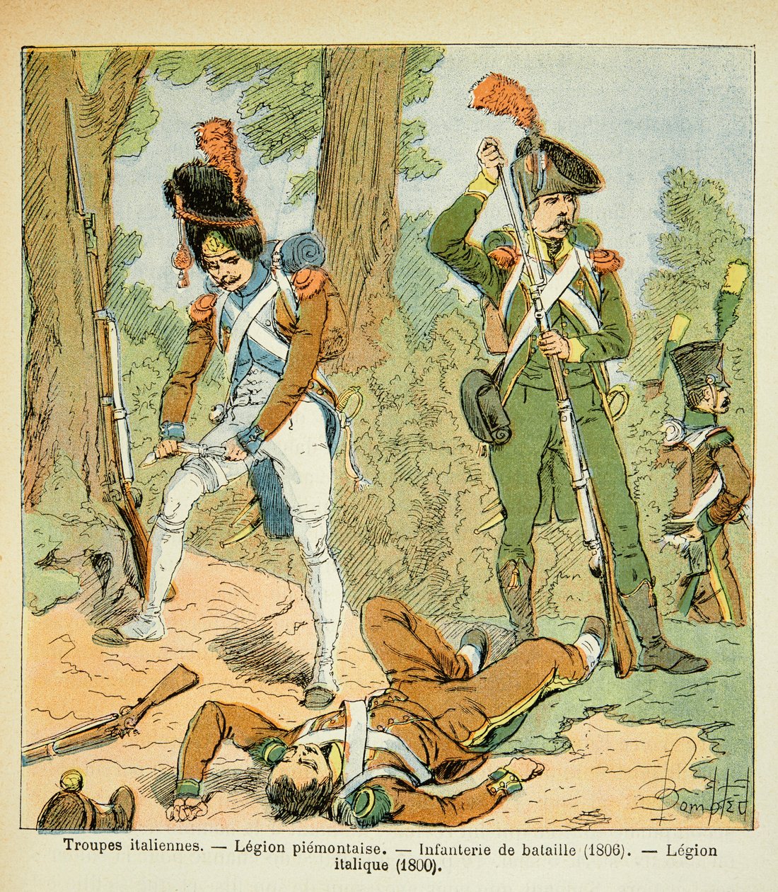 Illustration de Louis Bombled (Le Mémorial de Sainte-Hélène) : Troupes italiennes, Légion piémontaise : Infanterie de bataille (1806), Légion italique (1800) - Louis Charles Bombled