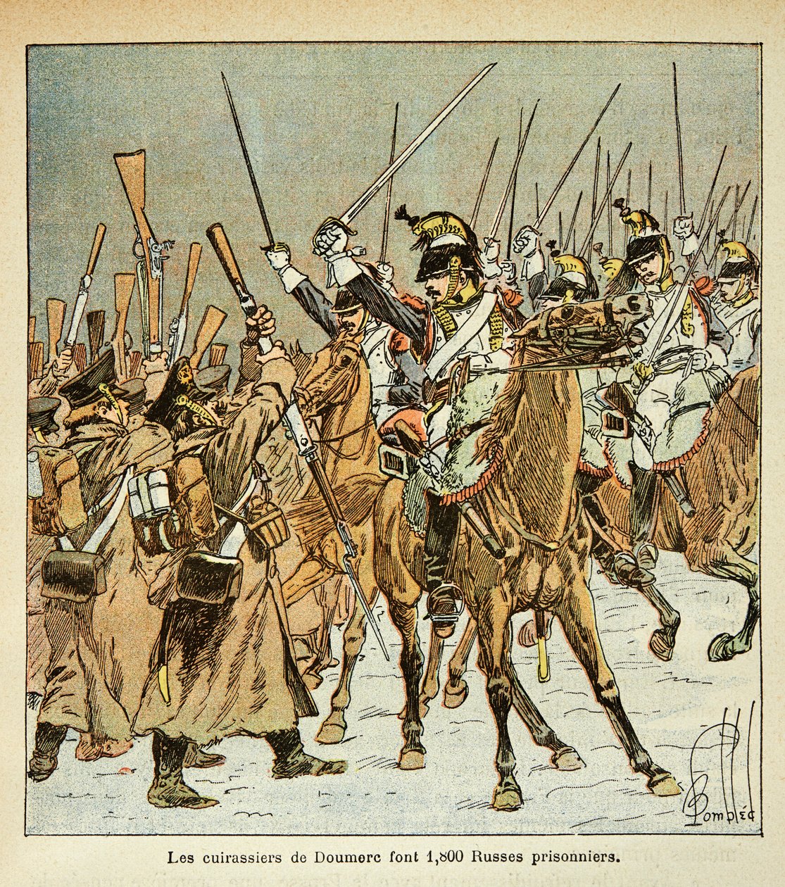 Illustration de Bombled Louis (1862-1927) du livre « Le Mémorial de Sainte-Hélène » par le comte Emmanuel de Las Cases (1766-1842) : Le 9e régiment de cuirassiers du colonel Doumere capture 1800 Russes lors de la campagne de Russie, Collection privée - Louis Charles Bombled