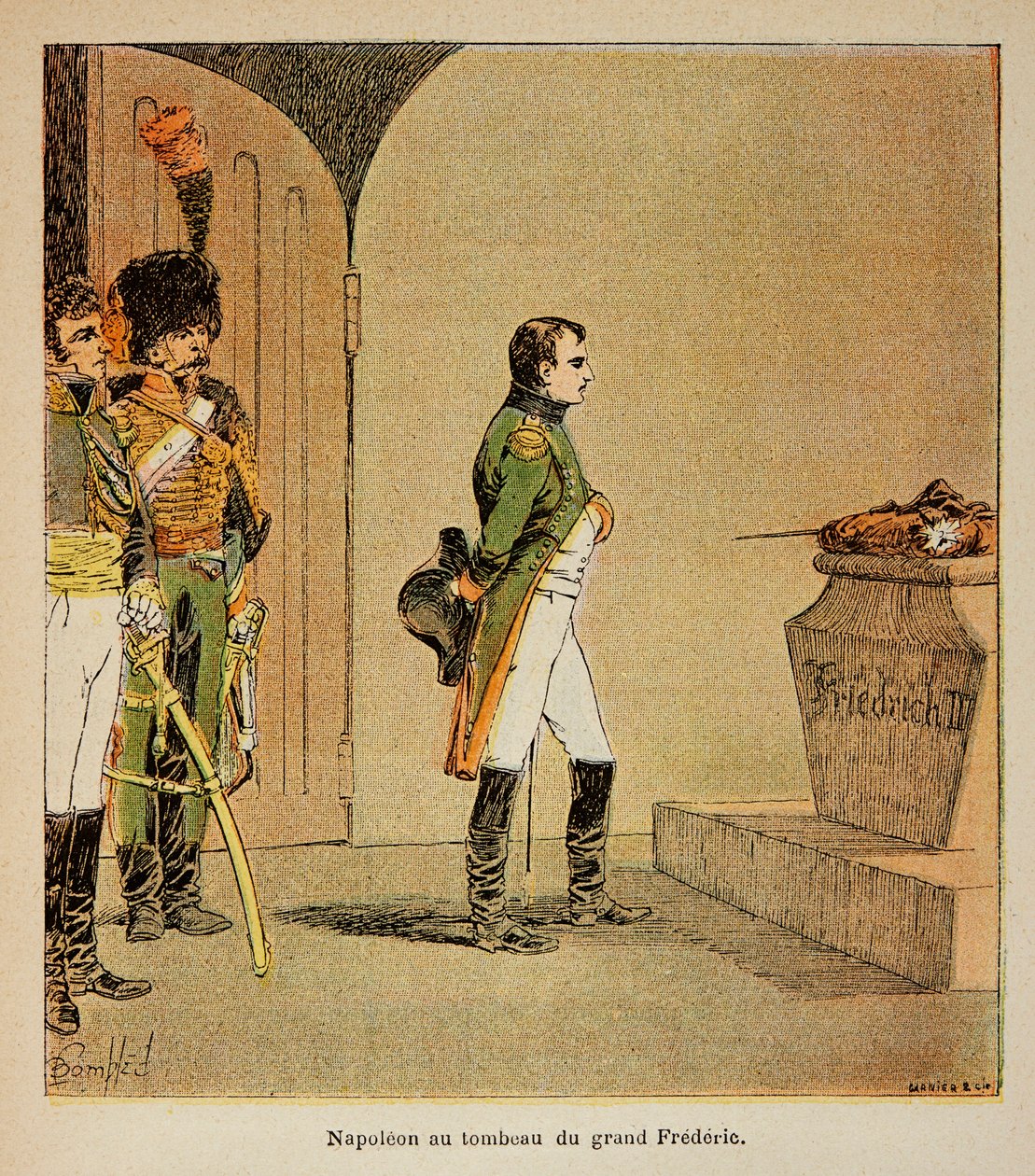 Illustration par Louis Bombled (1862-1927) du livre Le Mémorial de Sainte-Hélène par le comte Emmanuel de Las Cases (1766-1842) : Napoléon méditant sur le cercueil de Frédéric II de Prusse dans la crypte de la Garnisonkirche à Potsdam en 1806, Collection p - Louis Charles Bombled