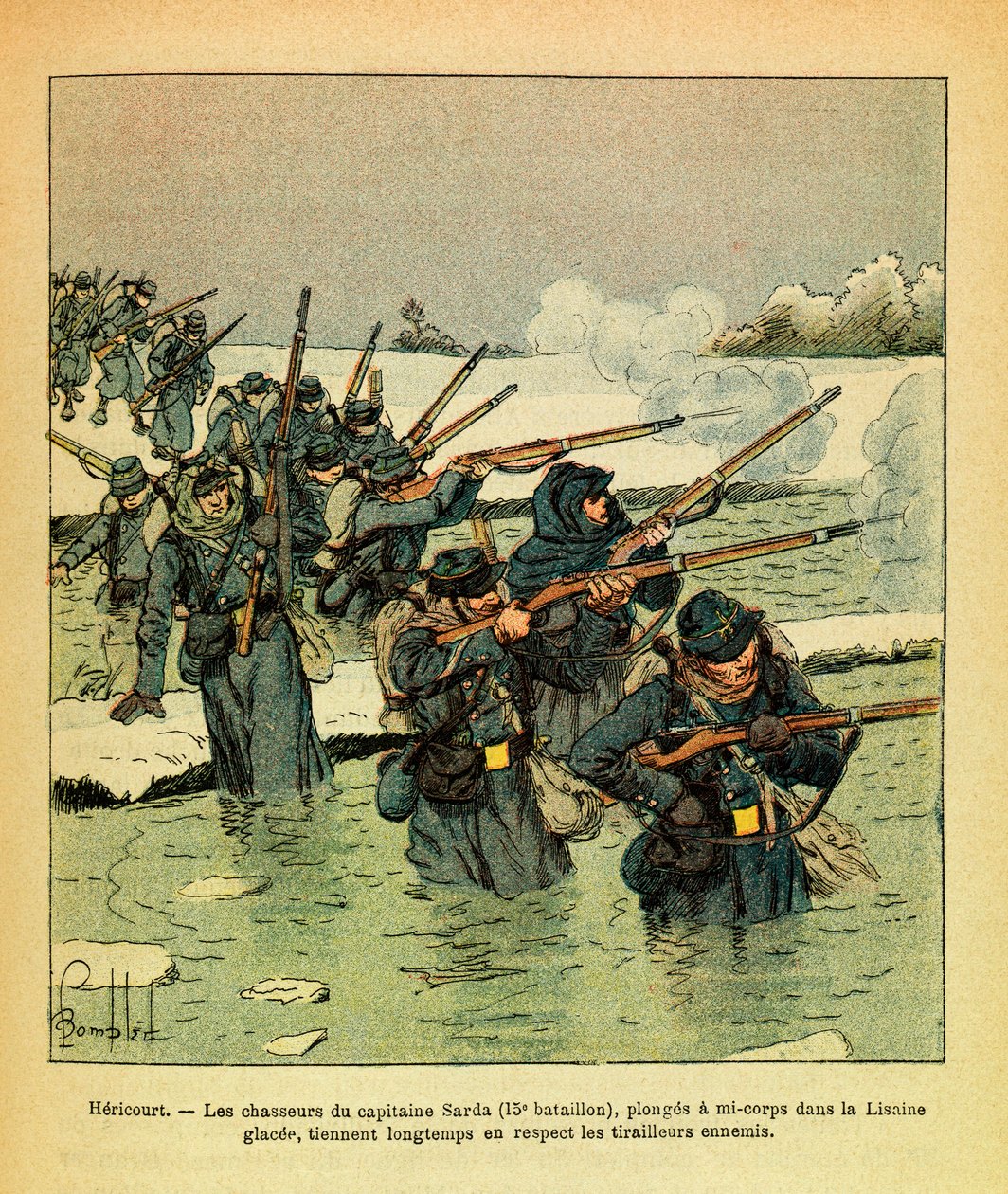 Janvier 1871, Héricourt, les chasseurs du capitaine Sarda plongent à moitié dans la glace de la Lisaine, tenant l