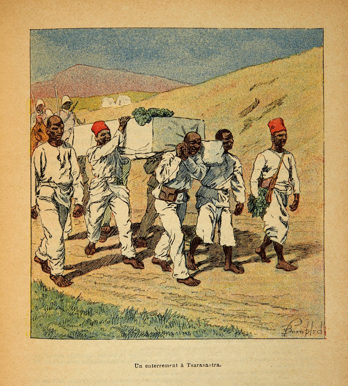 La Guerre à Madagascar-Histoire anecdotique des expéditions françaises de 1885-1895 par Henri Galli dit Galllichet, illustré par Louis Bombled : Enterrement d
