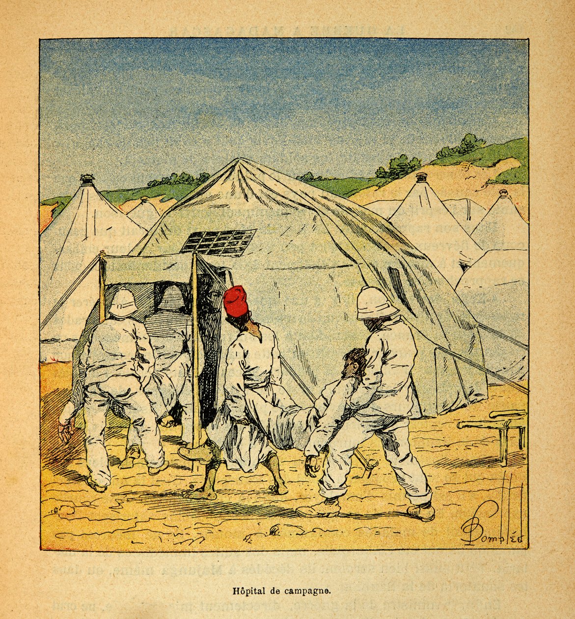 La Guerre à Madagascar - Histoire anecdotique des expéditions françaises de 1885-1895 par Henri Galli dit Galllichet, illustrée par Louis Bombled : Hôpital de campagne militaire à Madagascar en 1895 - Louis Charles Bombled