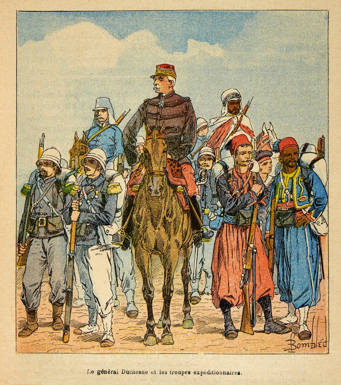 La Guerre à Madagascar - Histoire anecdotique des expéditions françaises de 1885-1895 par Henri Galli dit Galllichet, illustrée par Louis Bombled : Général Duchesne avec les troupes expéditionnaires de Madagascar - Louis Charles Bombled