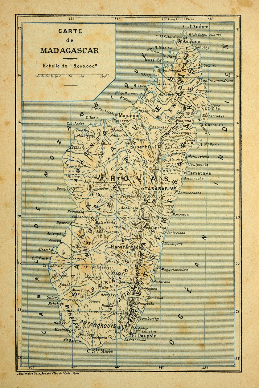La Guerre à Madagascar-Histoire anecdotique des expéditions françaises de 1885-1895 par Henri Galli dit Galllichet (1854-1922), illustrée par Louis Bombled (1862-1927) : Carte de Madagascar, Collection privée - Louis Charles Bombled