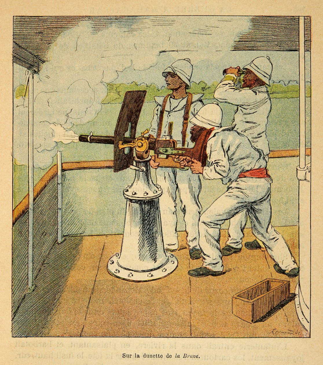 La Guerre à Madagascar-Histoire anecdotique des expéditions françaises de 1885-1895 par Henri Galli dit Galllichet (1854-1922), illustrée par Louis Bombled (1862-1927) : Coup de canon sur les Hovas à bord du canonnière « La Brave » en 1895, Collection priv - Louis Charles Bombled