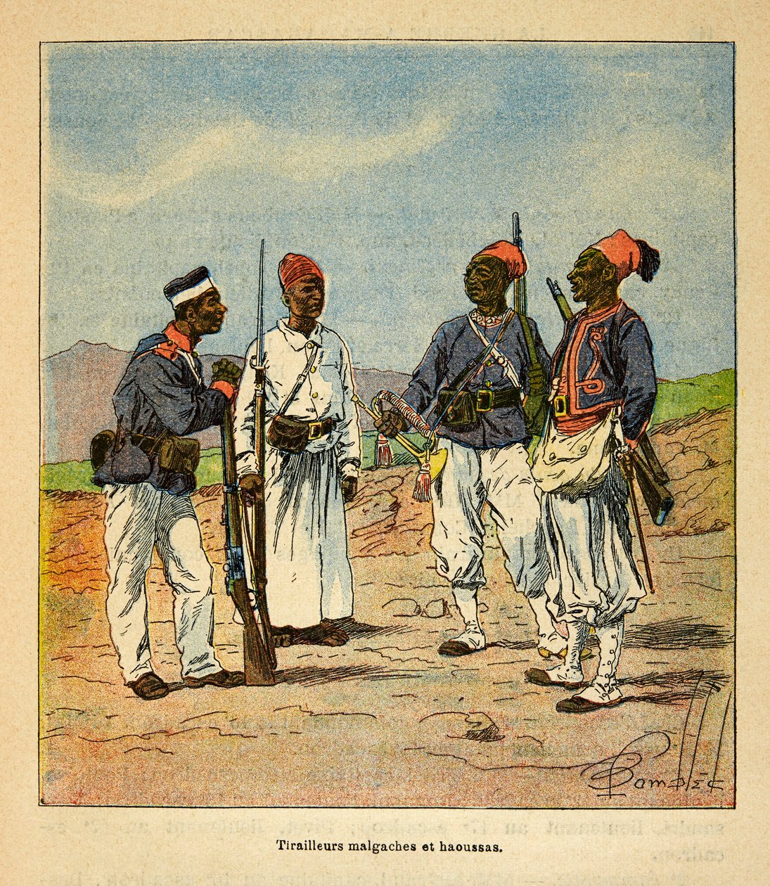 La Guerre à Madagascar-Histoire anecdotique des expéditions françaises de 1885-1895 par Henri Galli dit Galllichet (1854-1922), illustrée par Louis Bombled (1862-1927) : Tirailleurs malgaches et haoussas, Collection privée - Louis Charles Bombled