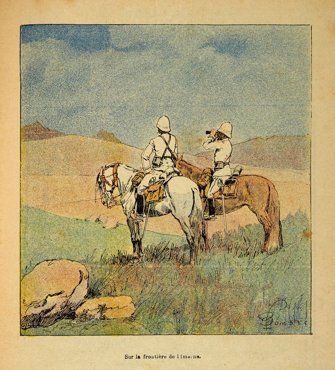 La guerre à Madagascar - Histoire anecdotique des expéditions françaises de 1885-1895 par Henri Galli dit Gallichet (1854-1922), illustrée par Louis Bombled (1862-1927) : Militaires en reconnaissance à la frontière de l