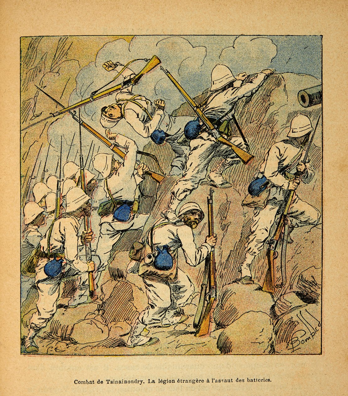 La Guerre à Madagascar - Histoire anecdotique des expéditions françaises de 1885-1895 par Henri Galli dit Gallichet (1854-1922), illustrée par Louis Bombled (1862-1927) : Bataille de Tsinainondry, la légion étrangère à l