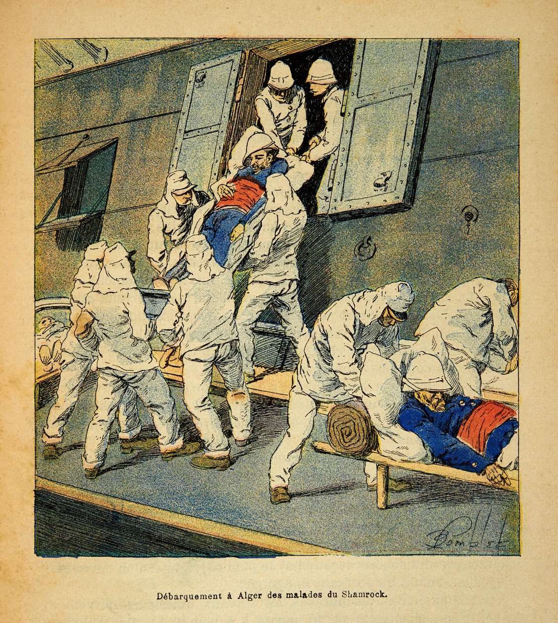 La Guerre à Madagascar - Histoire anecdotique des expéditions françaises de 1885-1895 par Henri Galli dit Gallichet (1854-1922), illustrée par Louis Bombled (1862-1927) : Débarquement à Alger en 1895 des troupes malades du navire-hôpital le Shamrock de Mad - Louis Charles Bombled