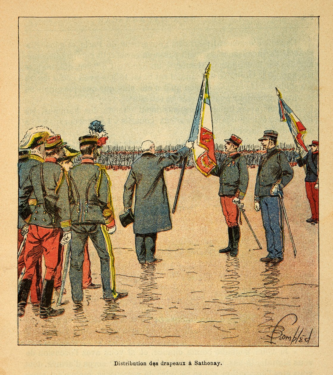 La Guerre à Madagascar - Histoire anecdotique des expéditions françaises de 1885-1895 par Henri Galli dit Gallichet (1854-1922), illustrée par Louis Bombled (1862-1927) : Distribution de drapeaux à Sathonay aux troupes partant pour Madagascar en 1895 en pr - Louis Charles Bombled