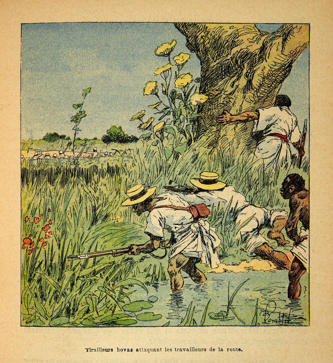 La guerre à Madagascar - Histoire anecdotique des expéditions françaises de 1885-1895 par Henri Galli dit Galllichet, illustrée par Louis Bombled : Tirailleurs Hovas attaquant les militaires construisant une route en 1895 - Louis Charles Bombled