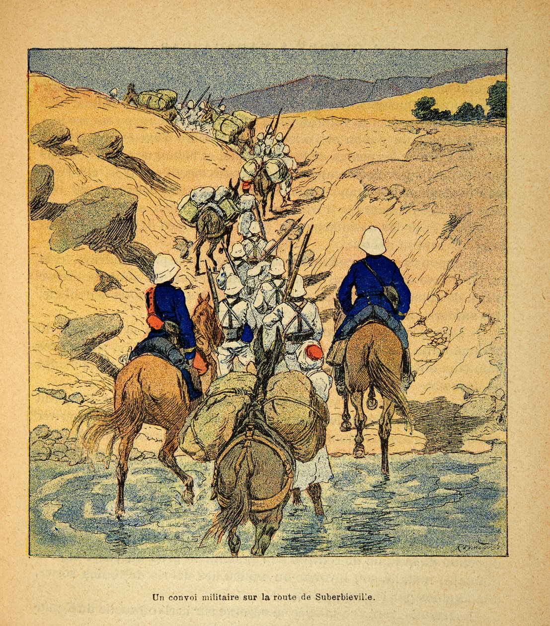La guerre à Madagascar - Histoire anecdotique des expéditions françaises de 1885-1895 par Henri Galli dit Galllichet, illustrée par Louis Bombled : Un convoi militaire sur la route de Suberbieville en 1895 - Louis Charles Bombled