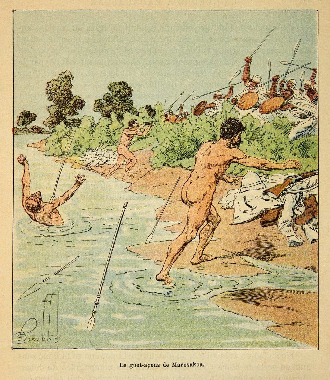La guerre à Madagascar - Histoire anecdotique des expéditions françaises de 1885-1895 par Henri Galli dit Galllichet, illustrée par Louis Bombled : Les Sakalaves attaquent les négociateurs français à Marosakoa en 1895 - Louis Charles Bombled