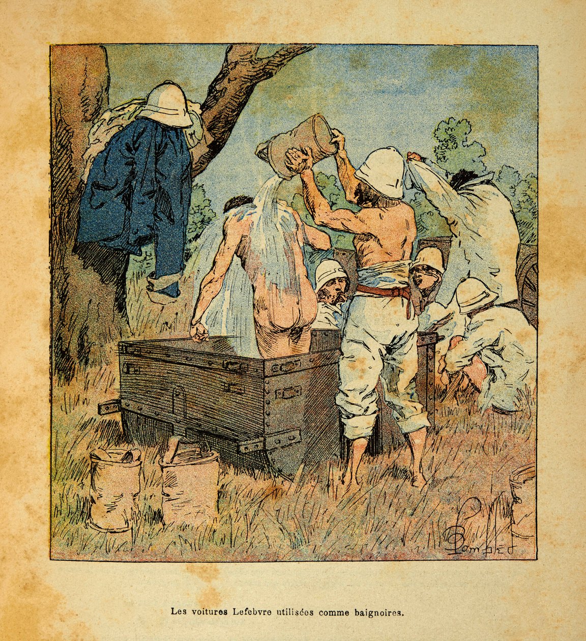 La Guerre à Madagascar - Histoire anecdotique des expéditions françaises de 1885-1895 par Henri Galli dit Gallichet (1854-1922), illustrée par Louis Bombled (1862-1927) : Les voitures Lefebvre utilisées comme baignoire par les soldats en 1895 à Madagascar, - Louis Charles Bombled