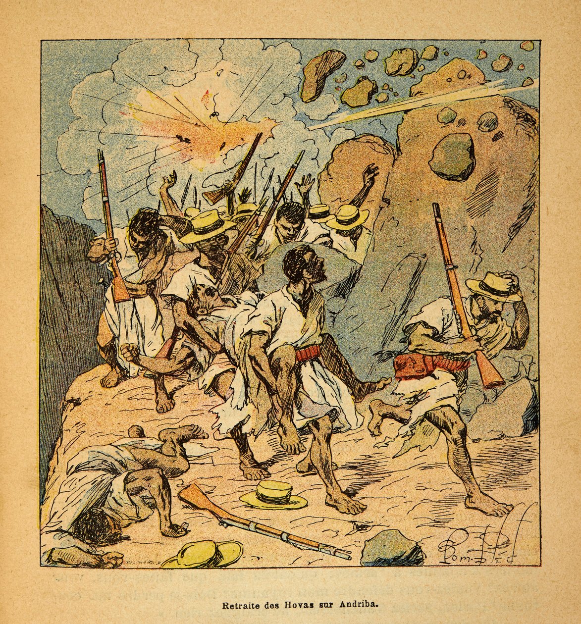 La Guerre à Madagascar - Histoire anecdotique des expéditions françaises de 1885-1895 par Henri Galli dit Gallichet (1854-1922), illustrée par Louis Bombled (1862-1927) : Retraite des Hovas sur Andriba, Collection privée - Louis Charles Bombled